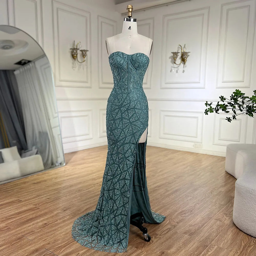 Serene Hill Arabic Turquoise High Split Mermaid Beaded Luxury Evening Gown for Women - Elegant Wedding Party Dress 2025 LA72610 | Perfect for Formal Events, Red Carpet & Special Occasions