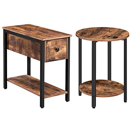 HOOBRO Round Side Table and Nightstand Set - 2-Tier Industrial End Table with Storage Shelf for Small Spaces, Sturdy Metal Frame & Wood Look - Perfect for Living Room, Bedroom, or Office Accent Furniture