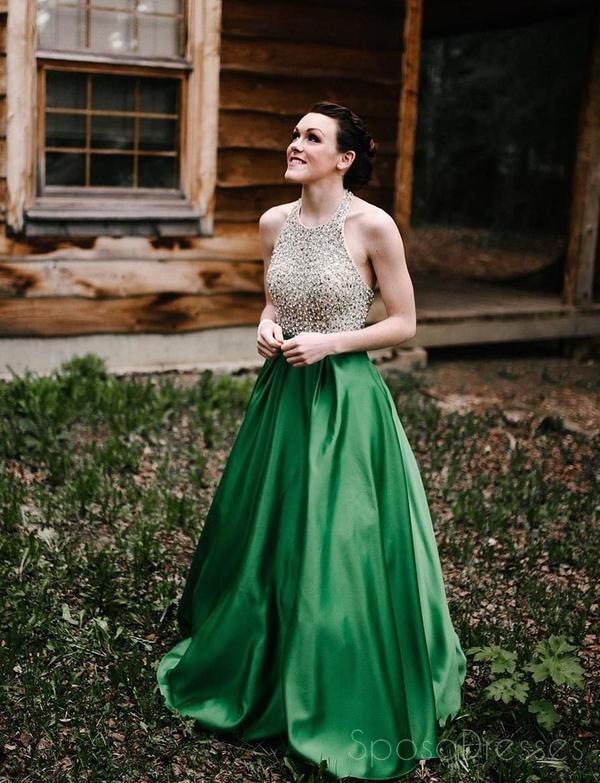 Elegant Beaded Green Halter A-Line Long Evening Prom Dress for Sweet 16 | Formal Gown for Homecoming, Quinceañera & Special Occasions