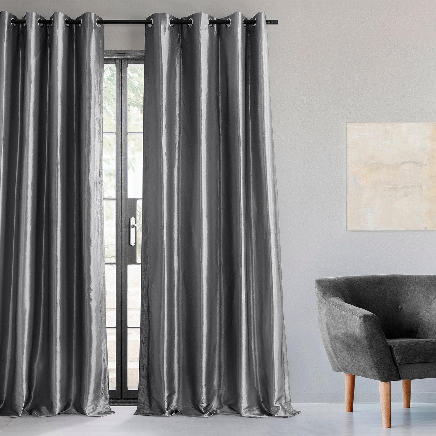 Platinum Grommet Blackout Curtains - Faux Silk Taffeta Window Drapes for Bedroom & Living Room - Noise Reducing & Thermal Insulated Room Darkening Panels