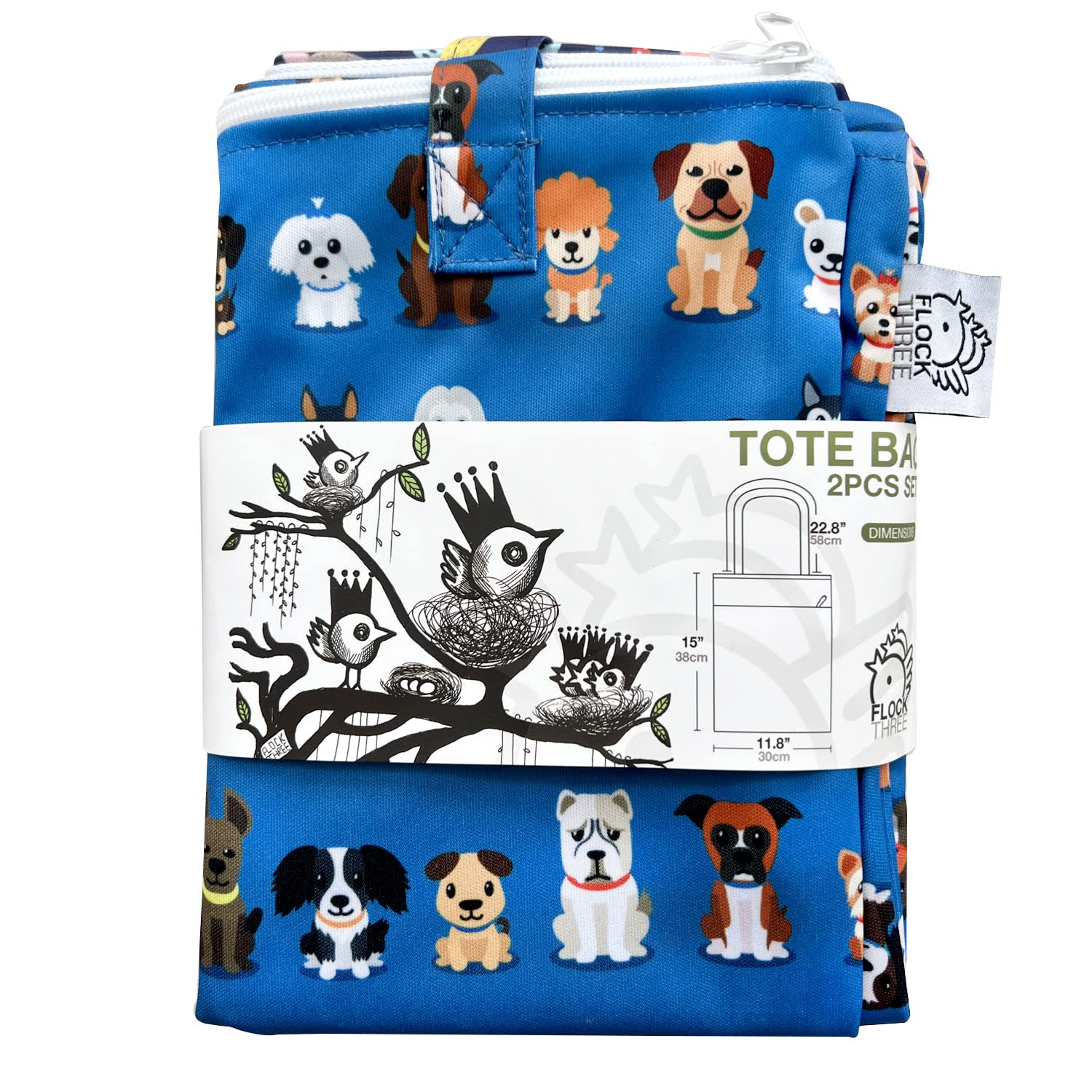 FLOCK THREE 2-Pack Waterproof Wet Dry Bag - Reusable Tote for Baby Diapers, Swimsuits & Travel - Small & Large Sizes for Clothes, Electronics & Toiletries - Cute Animal Prints (Perfect for Beach, Pool, Gym & Daycare)