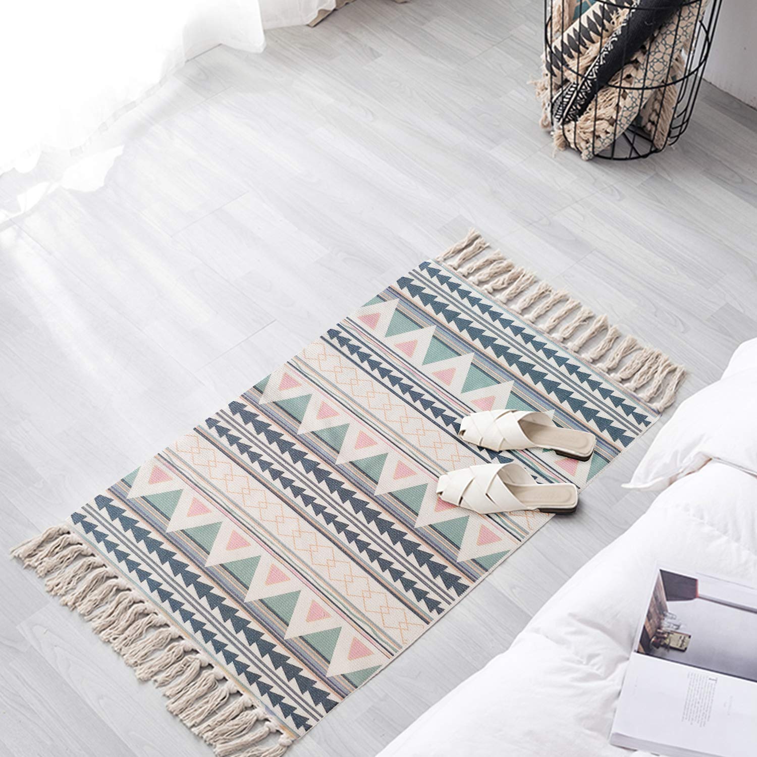 Poowe Cotton Woven Tassel Moroccan Area Rug - 2'x6' Rainbow Striped Boho Throw Rug for Entryway, Living Room, Bedroom & Bathroom | Soft Non-Slip Floor Mat for Home Decor, Laundry Room & Dorm Style