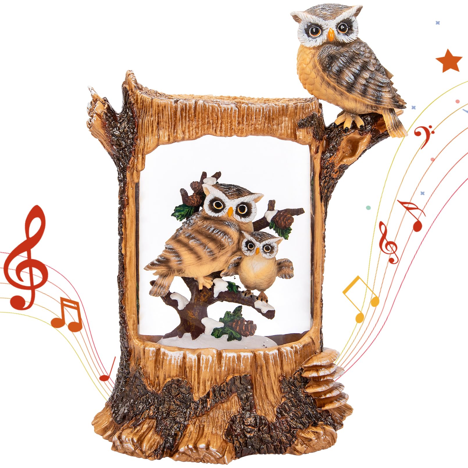 Christmas Owl Family Snow Globe with Music & Timer - Large Glittering Owl Figurine Holiday Decor for Home, Battery & USB Powered - Perfect for Christmas Gifts, Mantel Decor & Winter Wonderland Displays