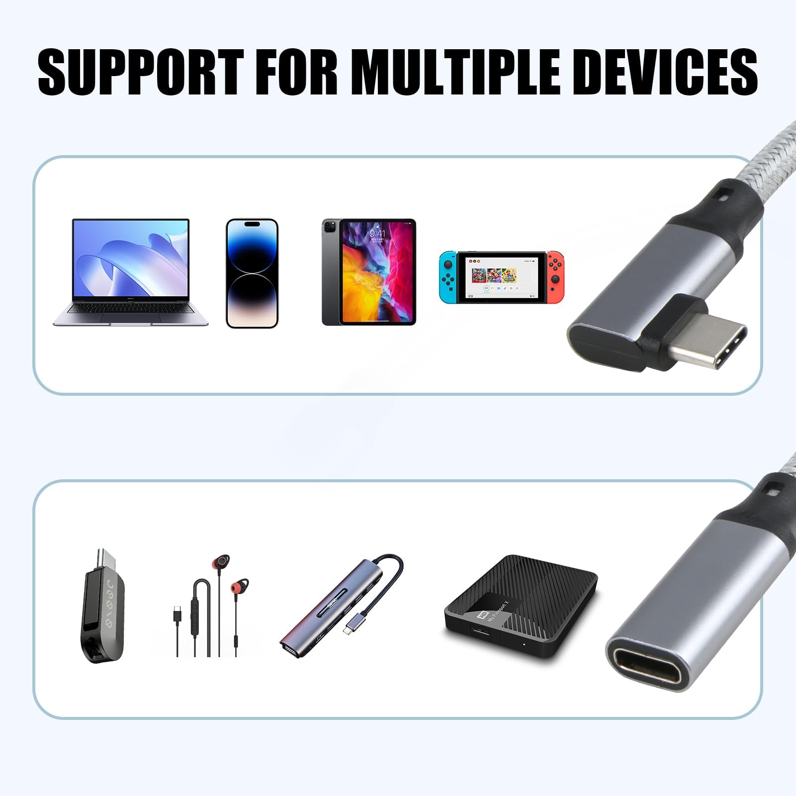 90 Degree Right Angle USB C Extension Cable - USB C 3.1 Gen 2 L-Shaped Female to Male Adapter for MacBook Pro/Air, iPad, iPhone 15/14/13, Samsung Galaxy - Perfect for Tight Spaces & Charging in Bed/Car