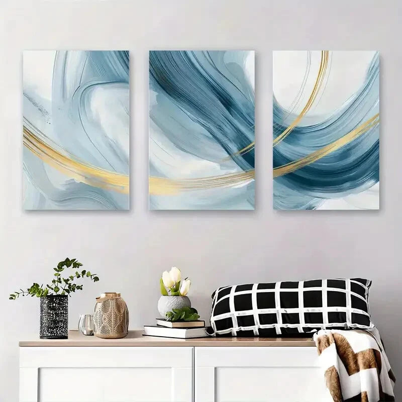 3-Piece Abstract Blue and Gold Swirl Metal Wall Art - Ready to Hang Canvas Prints for Living Room, Bedroom & Office Decor