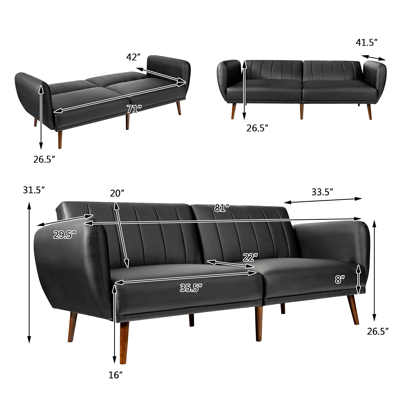 Giantex 3-Seater Convertible Futon Sofa Bed with High-Density Sponge, Adjustable Backrest & Rubber Wood Legs - Foldable Sleeper Couch with Armrests for Living Room, Bedroom, Office, Lounge & Small Spaces (Black) | Perfect for Guest Sleeping, Movie Nights & Compact Apartments