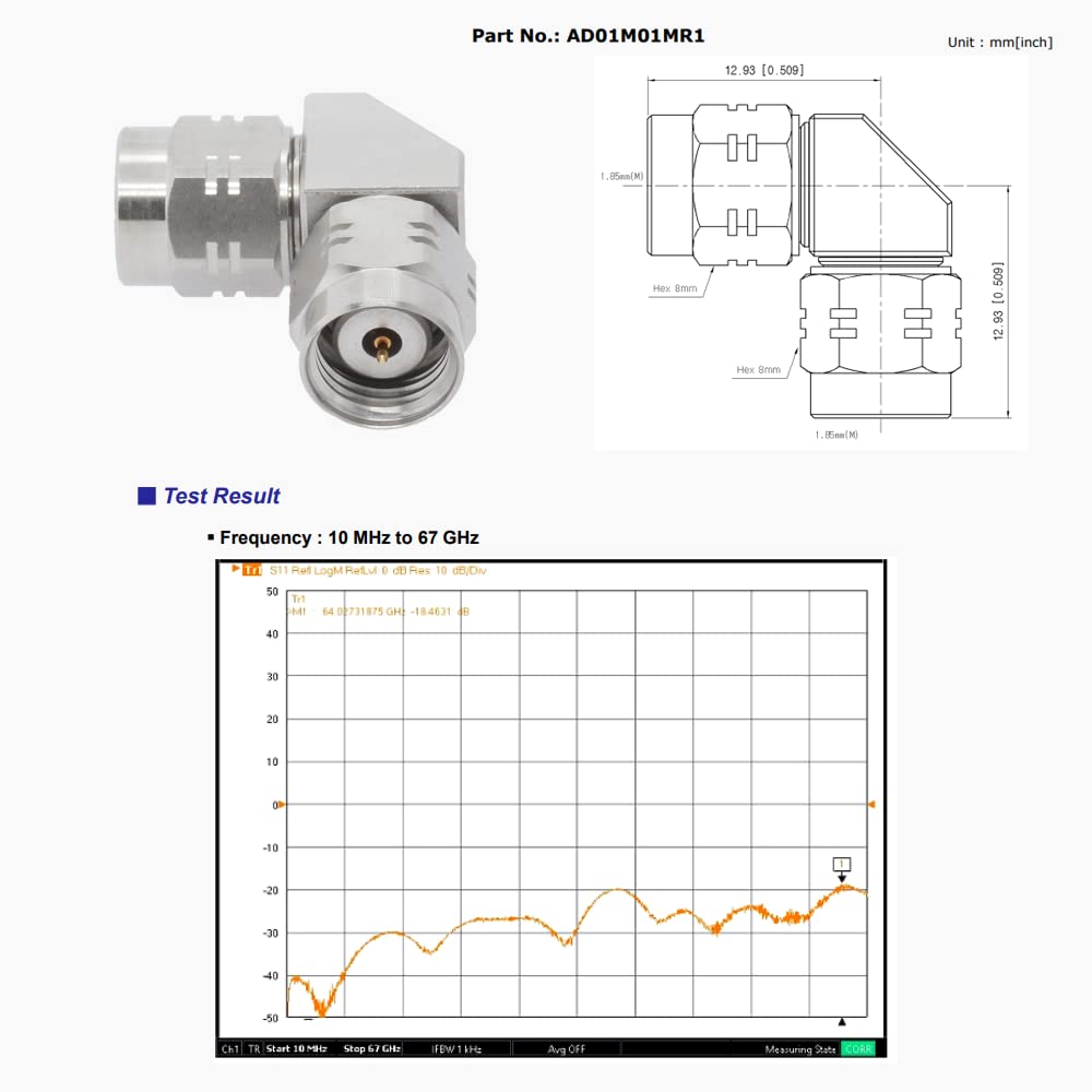 1.85mm Male to 1.85mm Male Right Angle RF Adapter | DC-67GHz 50 Ohm Stainless Steel Microwave Connector | for Test Equipment, RF Systems & High-Frequency Applications