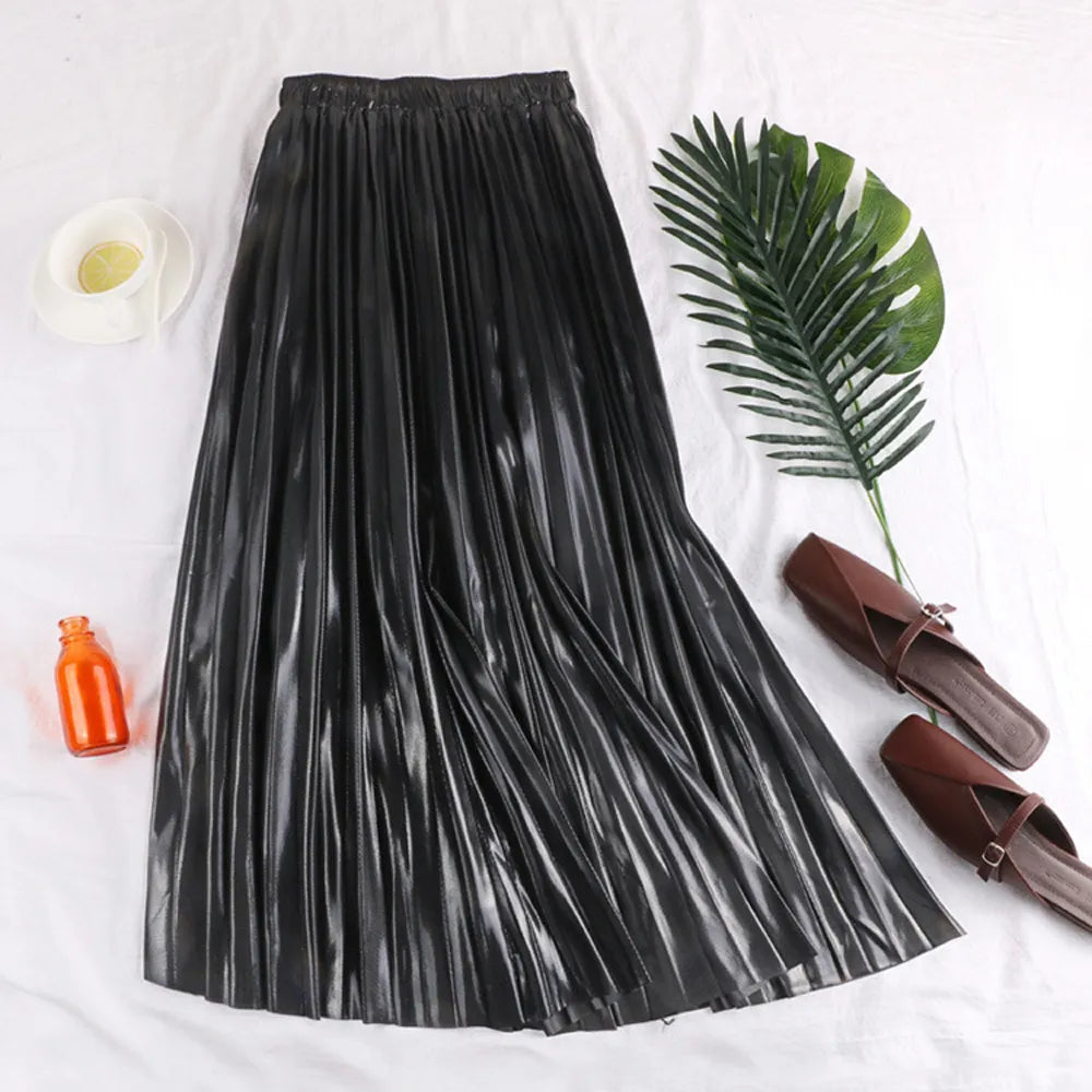 Elegant High Waist Pleated Midi Skirt for Women - Black, Silver & Gold Solid Colors | Perfect for Office, Party & Casual Wear