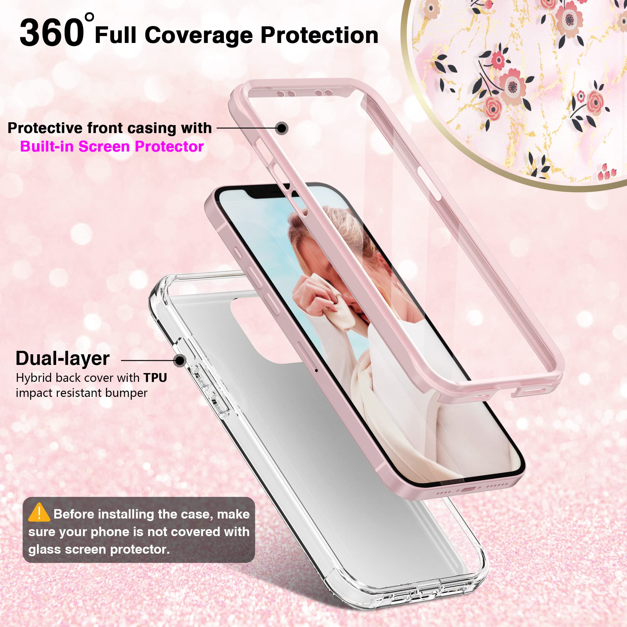 Shockproof iPhone 14/13 Case 6.1 Inch with Built-in Screen Protector - 360° Full Body Protection, Dual Layer Bumper Design, Hard PC & Soft TPU Marble Flower Pattern Phone Cover for Women & Girls (Pink) - Perfect for Daily Use, Travel, and Outdoor Activities