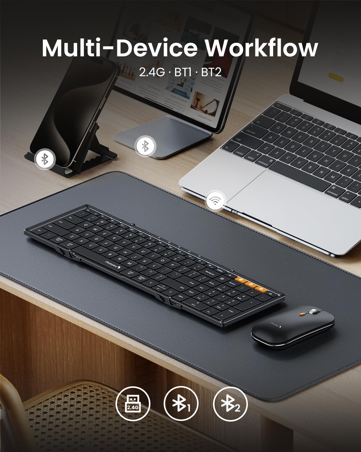 ProtoArc XKM01 Foldable Keyboard and Mouse Combo - Full-Size Wireless Keyboard with 2.4G & Dual Bluetooth for Laptop, iPad, Tablet - Portable Travel & Business Keyboard for Office, Home, Coffee Shop (Black)