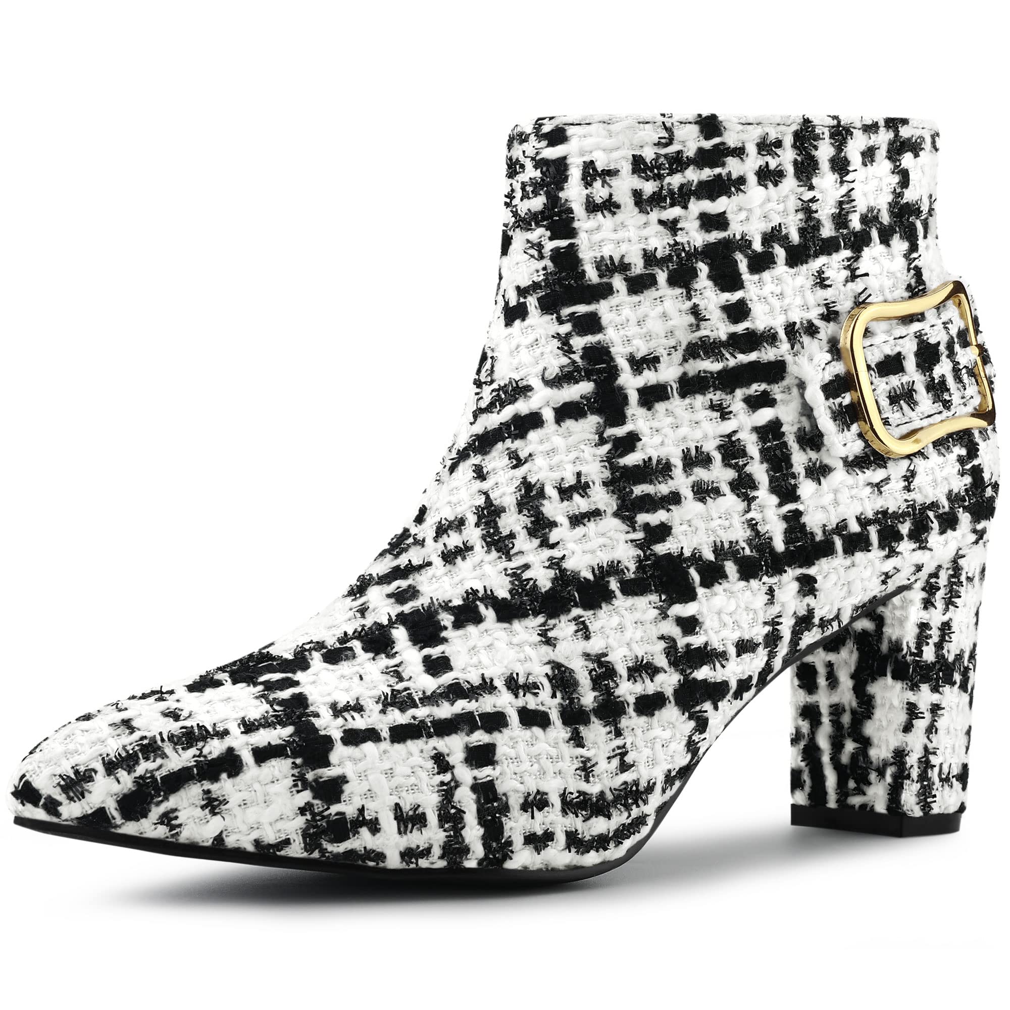 Allegra K Women's Plaid Pointed Toe Chunky Heel Ankle Boots - Stylish Fall & Winter Fashion for Office, Party & Date Night Outfits