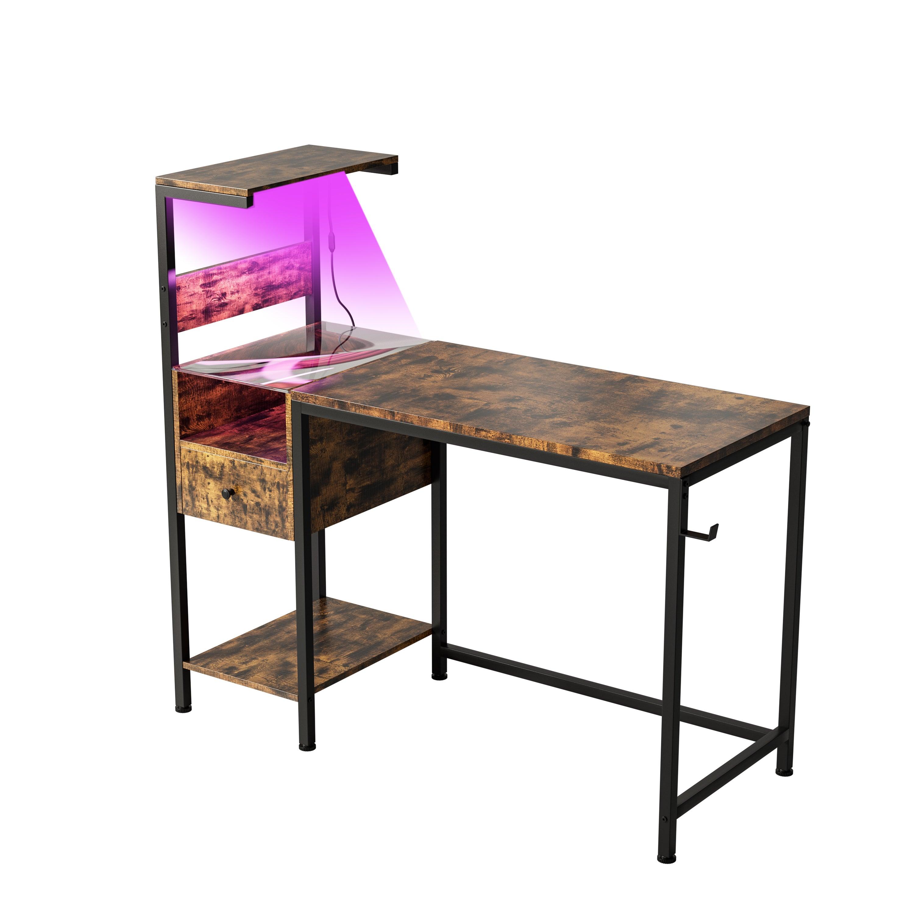 Ergonomic Computer Desk with Built-in Power Outlet & USB Charging Station | Home Office Desk with Storage Shelves | Study Writing Workstation for Small Spaces (Brown) - Perfect for Remote Work, Gaming Setup & Online Learning