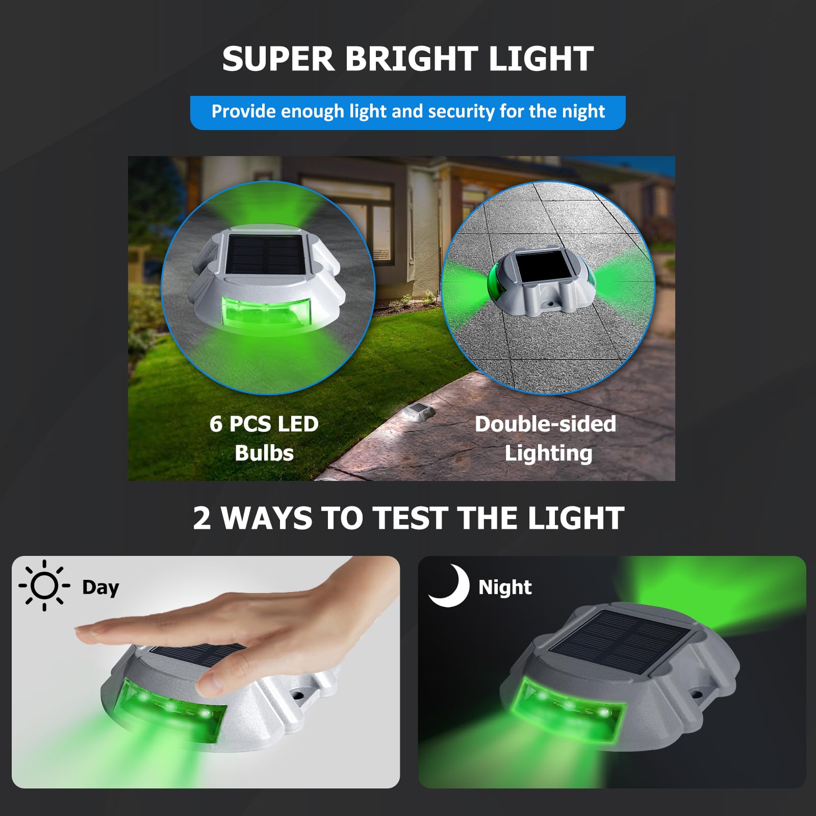 JIGUOOR Solar Deck Lights Outdoor - 6 Pack Waterproof LED Pathway Lights for Driveway, Garden, Stairs, Sidewalk, Boat Dock | Solar Powered, IP68, Green | Perfect for Nighttime Safety & Landscape Lighting