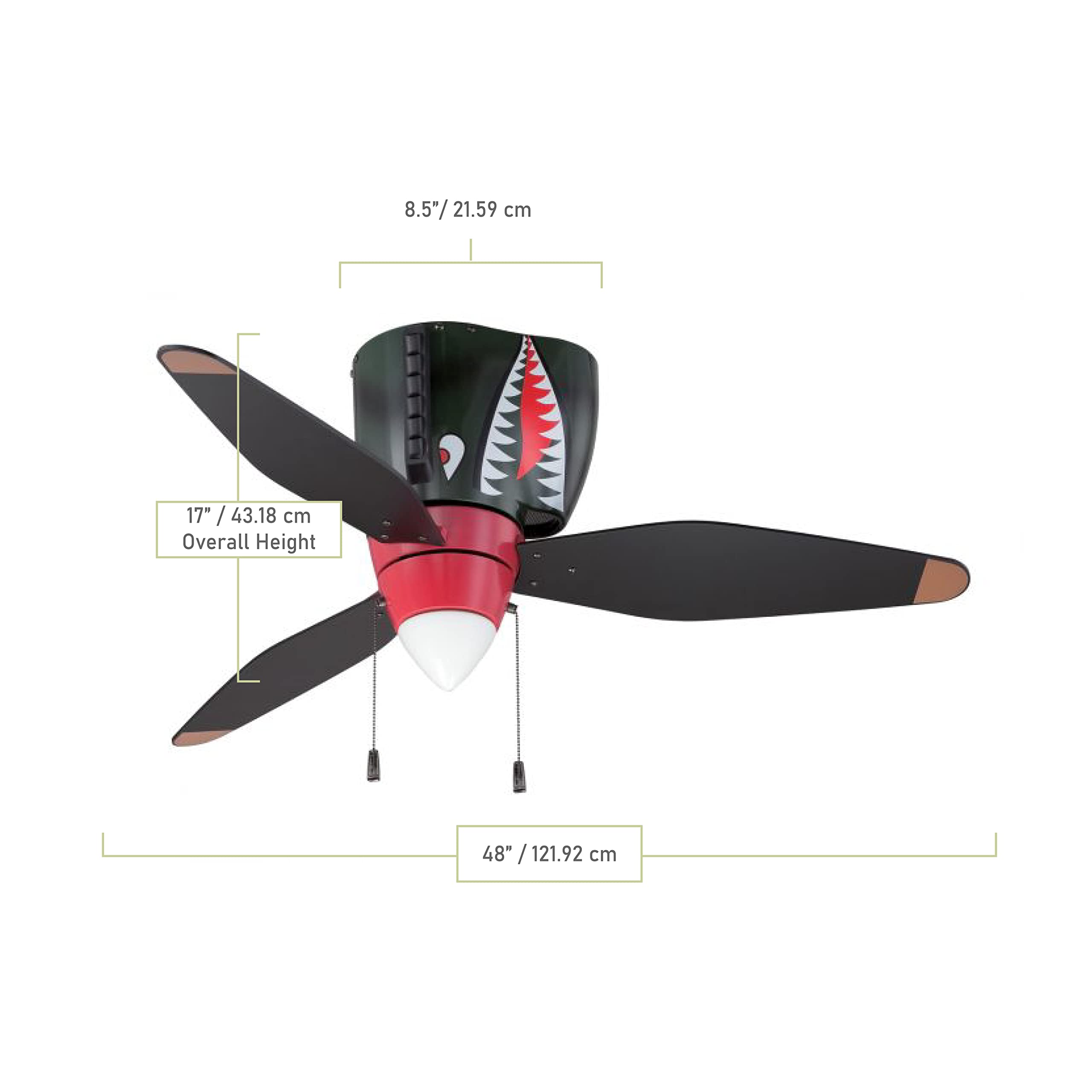 Craftmade 48-Inch Kids Ceiling Fan with Light - Tiger Shark Warplane Design, 3 Blade Hugger Fan for Boys Room, Bedroom & Playroom - Energy Efficient & Quiet Cooling Solution