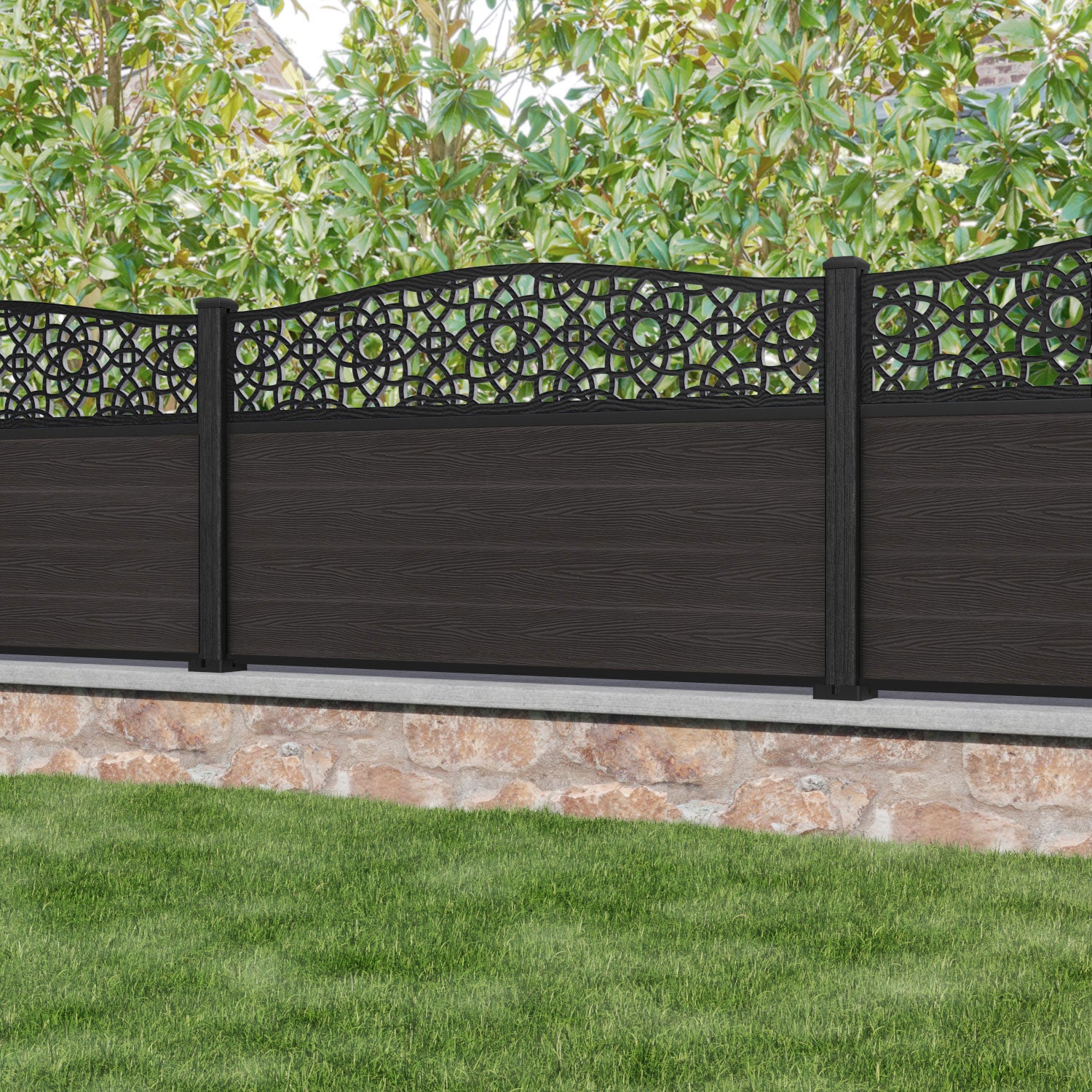 Dark Oak Classic Amber Curved Top Fence Panel with Composite Posts - Durable Privacy Fencing for Backyard, Garden, and Outdoor Decor