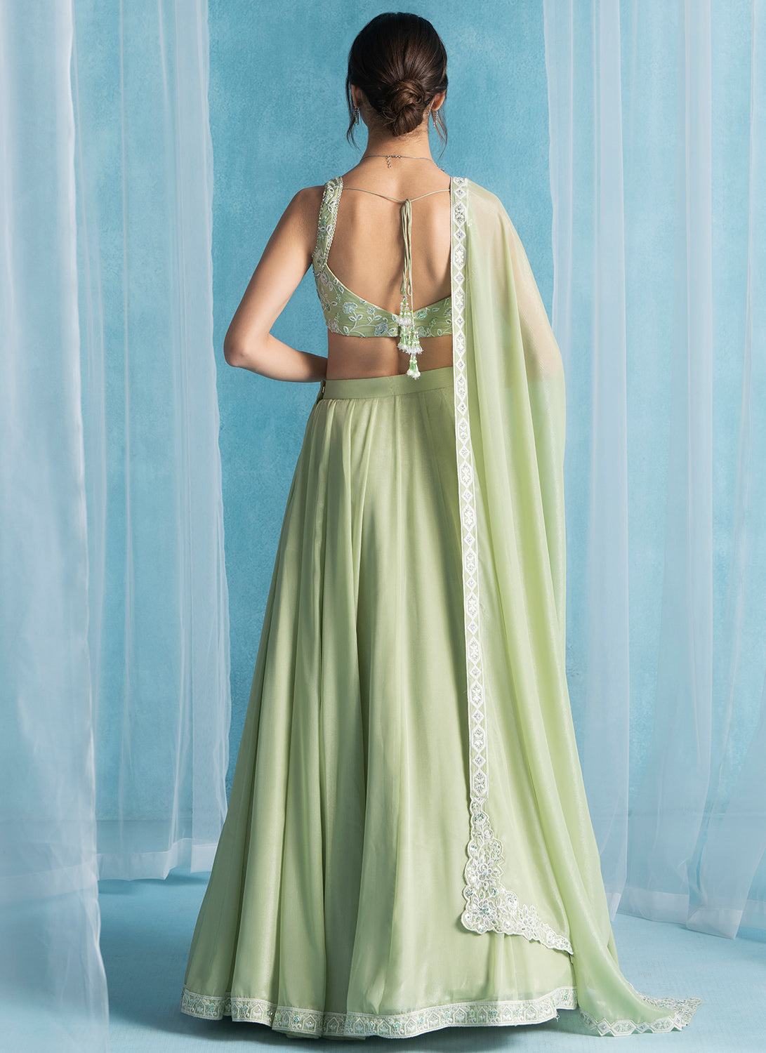Light Green Embroidered Georgette Lehenga Choli Set for Women - Indian Bridal Party Wear, Wedding Guest Outfit, Festive Ethnic Dress for Diwali & Special Occasions