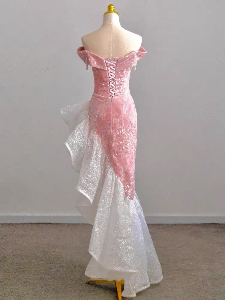 Elegant Off Shoulder Pink Mermaid Prom Dress with Ruffle Details J3221 - Perfect for Homecoming, Quinceañera & Evening Gala Events