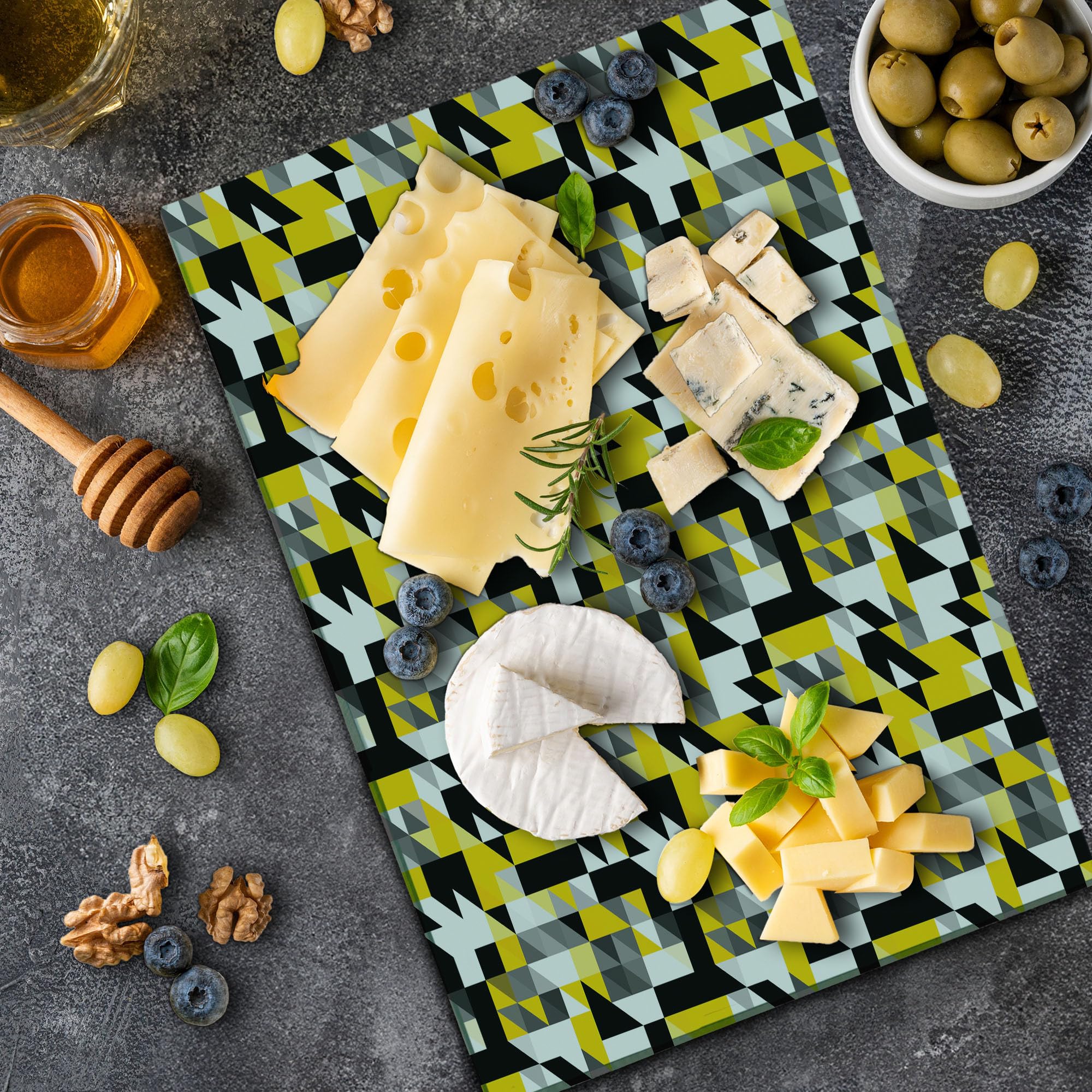 Ambesonne Geometric Glass Cutting Board - Yellow & White for Kitchen & Serving