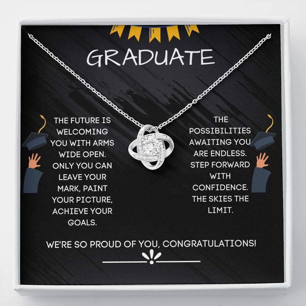 Tek Weh Graduate 2021 Love Knot Necklace - Inspirational Graduation Jewelry Gift for High School & College Seniors | Perfect Graduation Present, Senior Gift Idea for Women & Girls | Commencement, Achievement Celebration