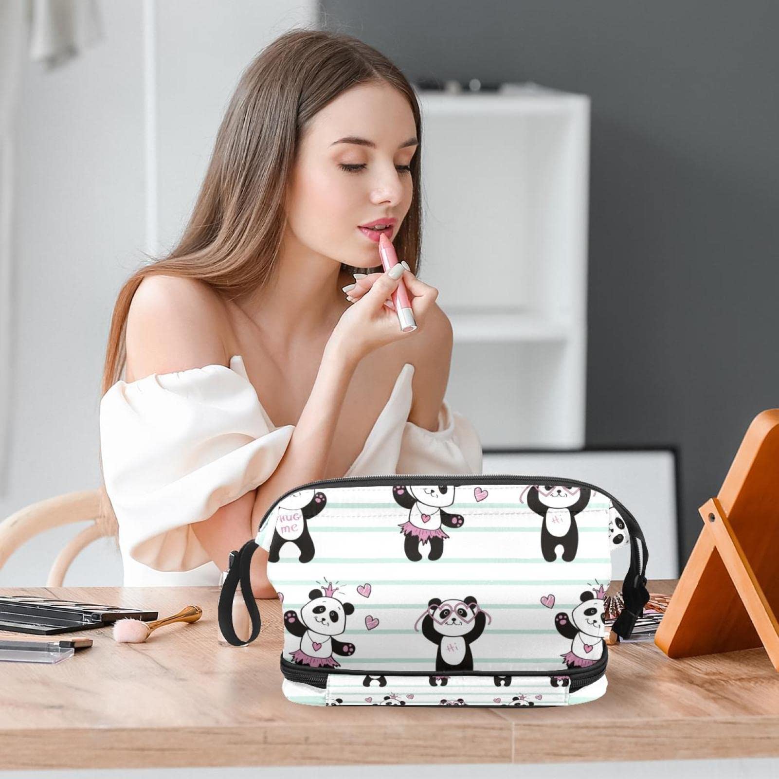 Panda Makeup Bag for Women - Double Layer Travel Cosmetic Pouch for Toiletries & Essentials
