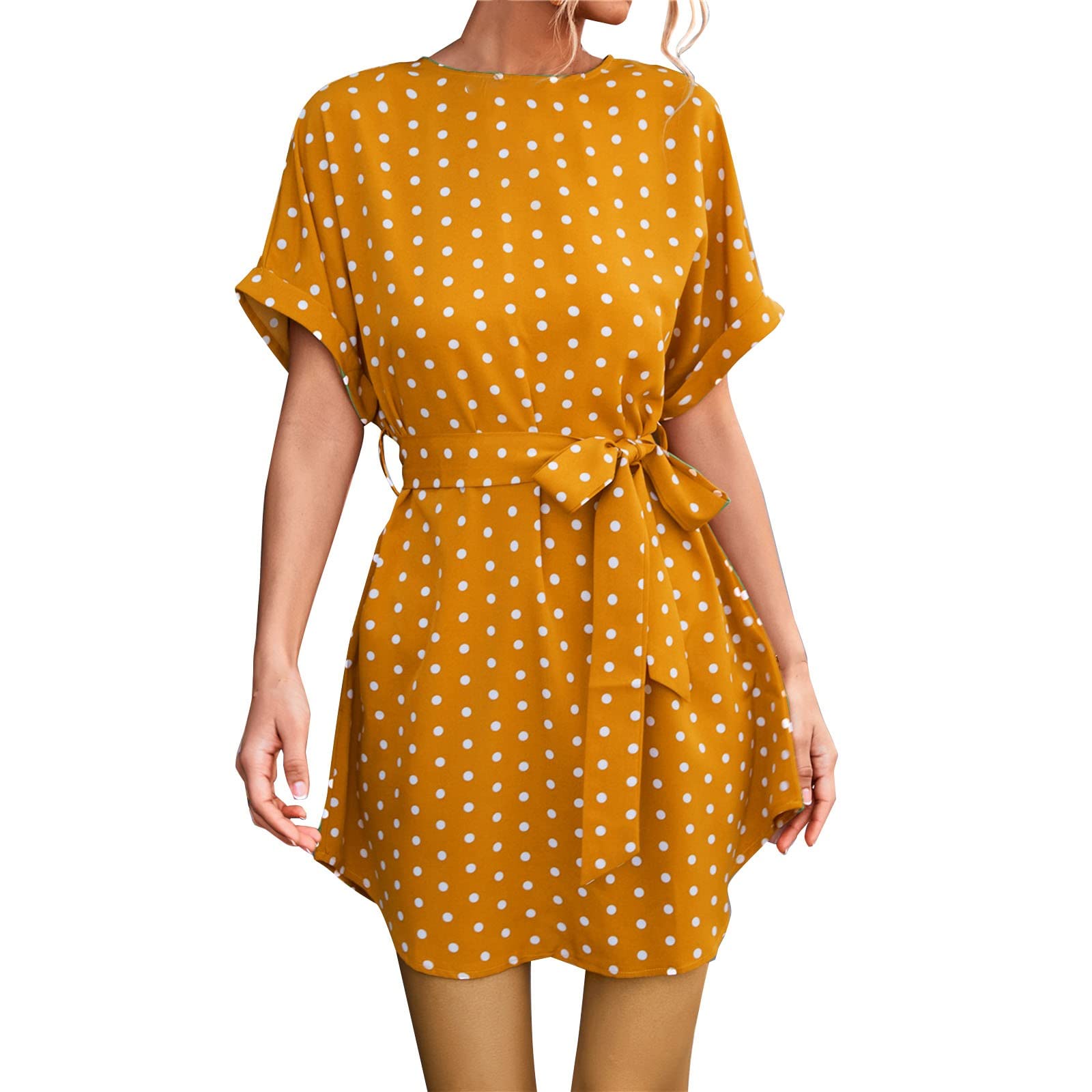 Women's Polka Dot Mini Skater Dress - Summer Casual Short Sleeve Waist Tie Dress | Perfect for Beach Outings, Picnics & Summer Parties