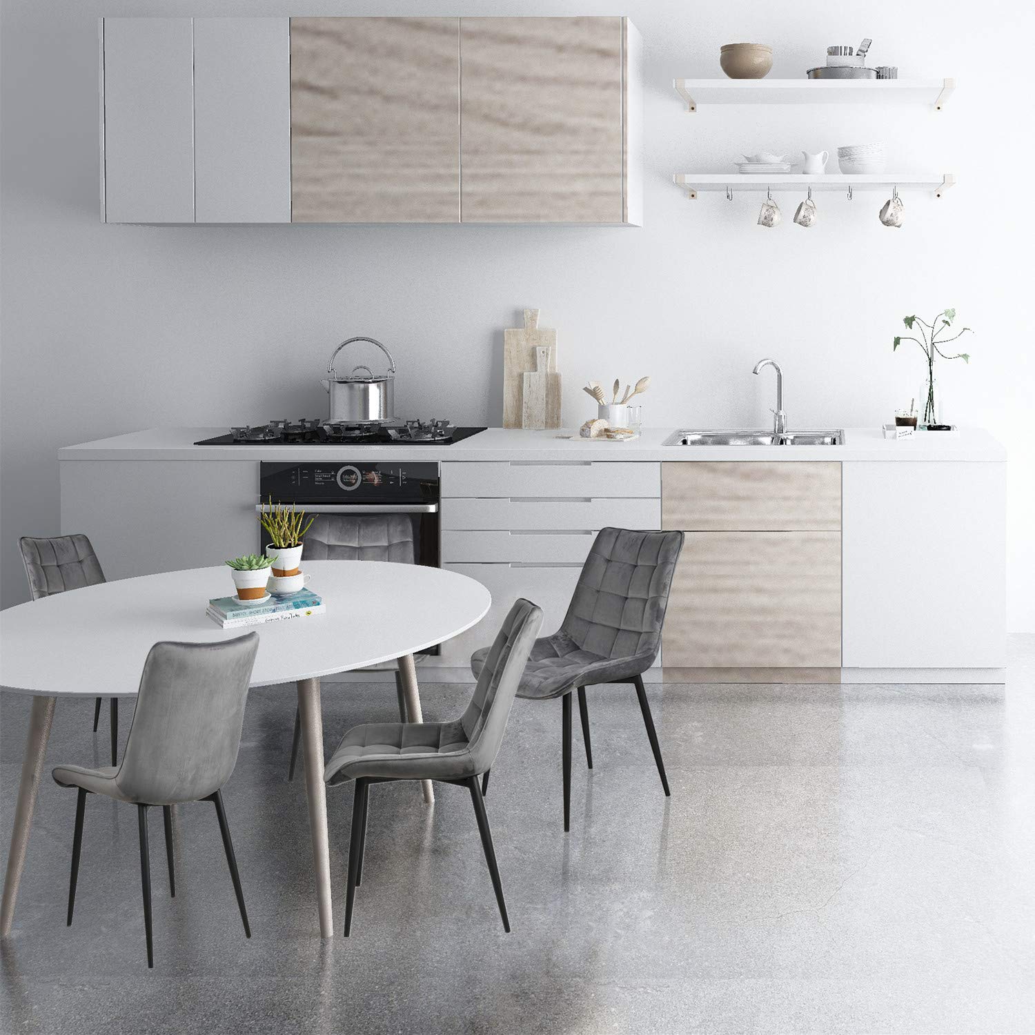 4-Piece Velvet Dining Chair Set - Upholstered Kitchen & Living Room Chairs with Cushioned Seats (Grey) - Perfect for Home, Restaurant, or Office Use