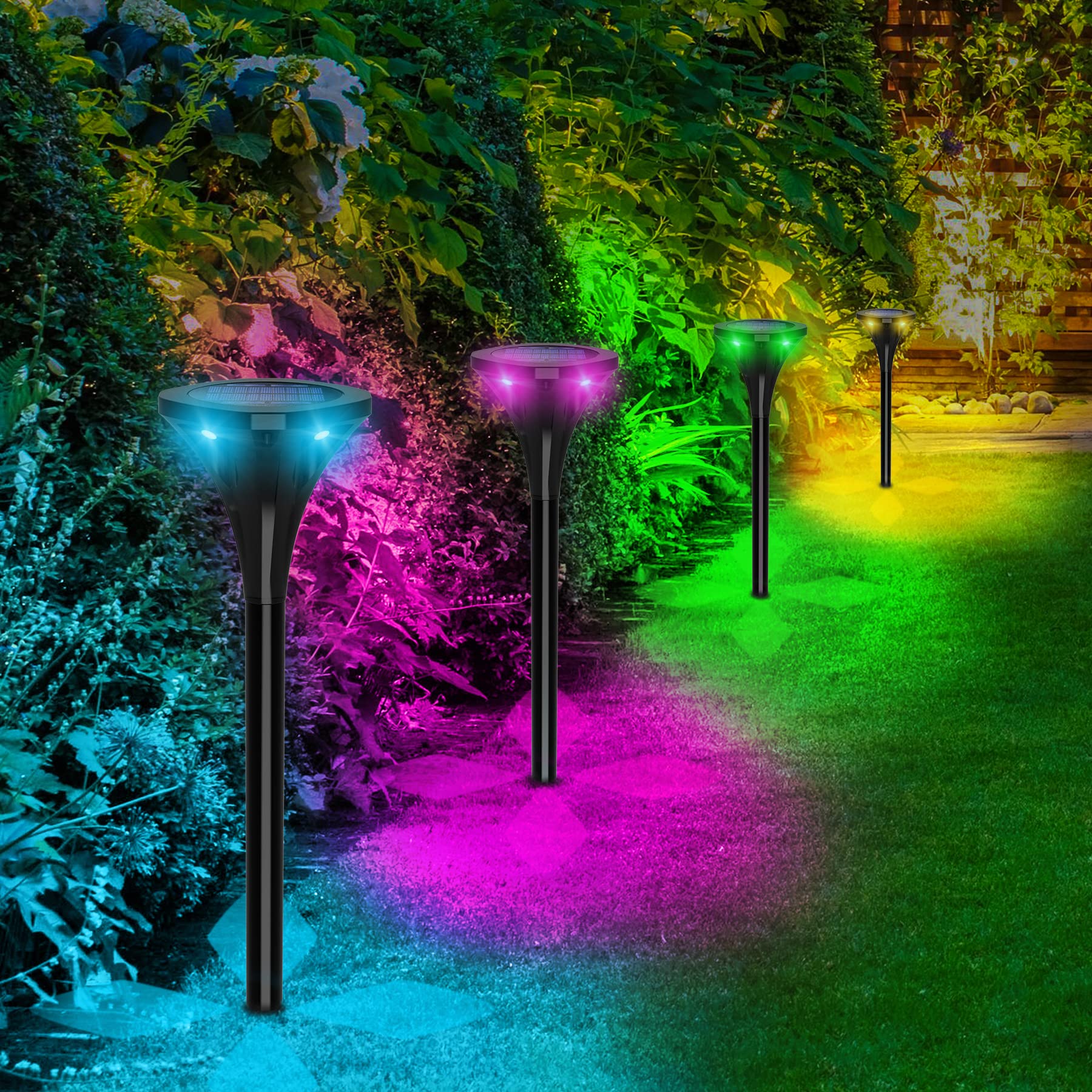CREPOW 4 Pack Solar Pathway Lights Outdoor - Color Changing RGB Solar Ground Lights for Garden, Driveway, Lawn, Yard & Walkway Decor | Weatherproof Landscape Lighting for Patio, Deck & Backyard Ambiance