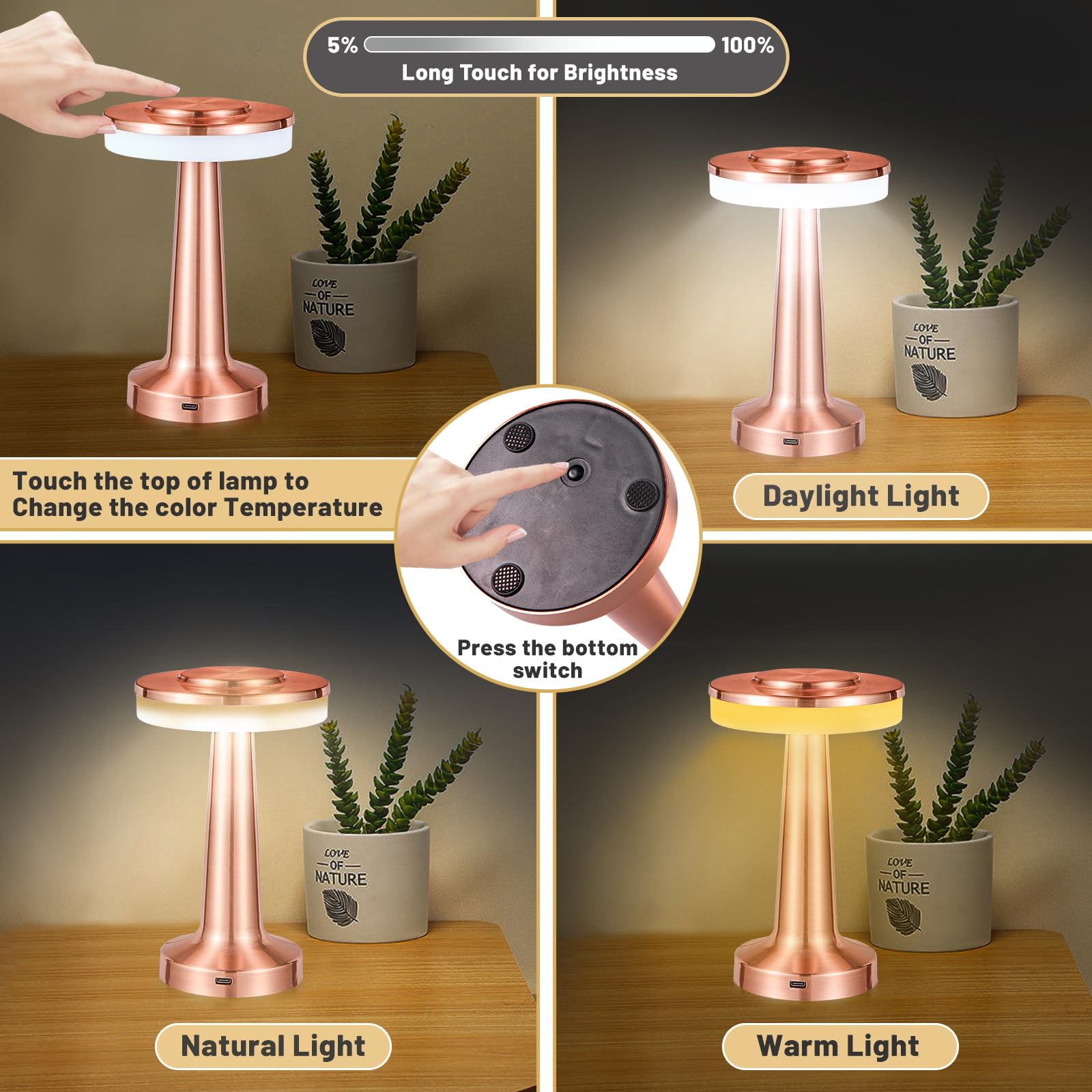 Rechargeable Cordless LED Table Lamp with Touch Sensor - 3-Level Dimmable Battery Operated Night Light for Bedroom, Restaurant, Coffee Shop & Outdoor Use (Gold)