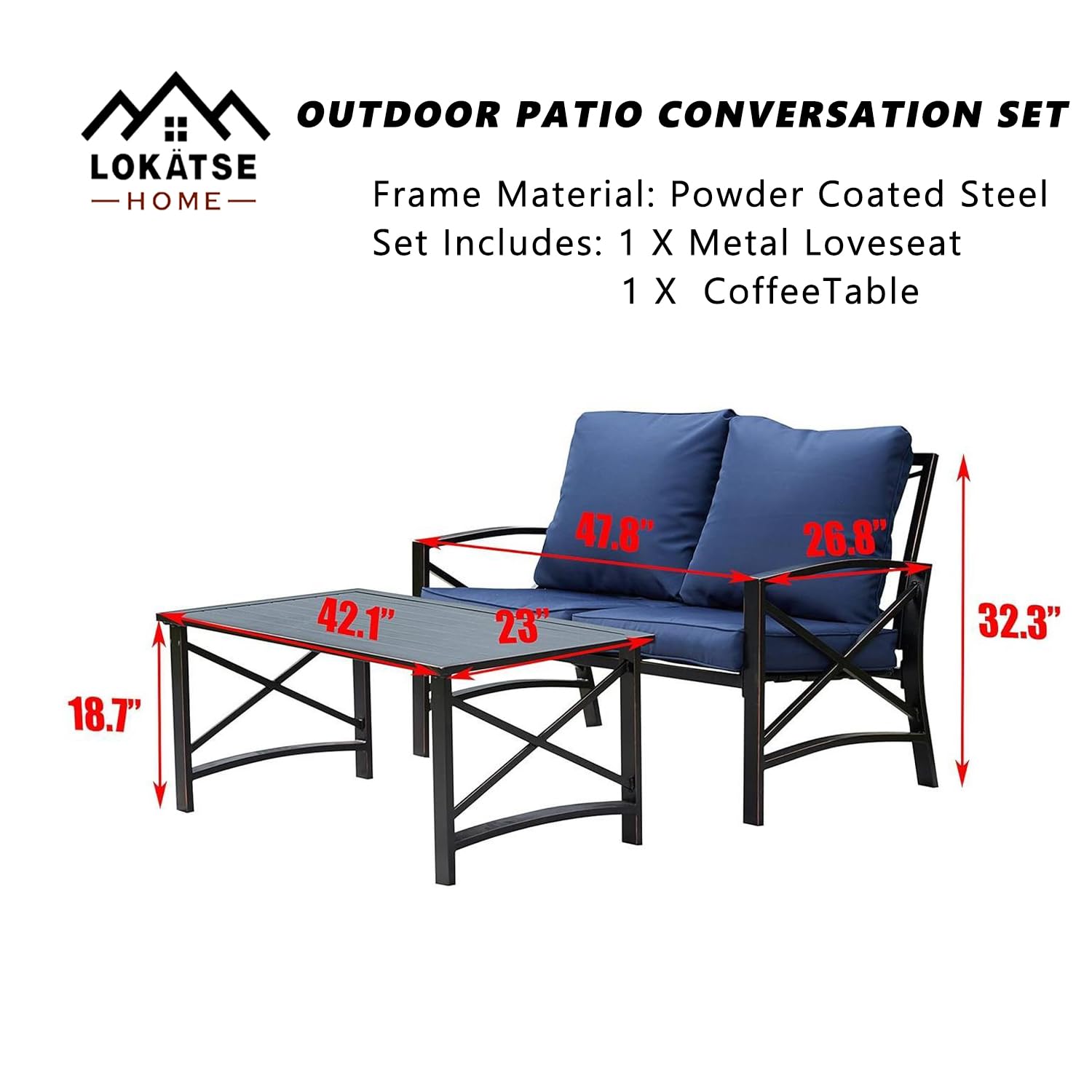 LOKATSE HOME 2-Piece Outdoor Loveseat Set with Cushions & Coffee Table - Durable Metal Patio Conversation Furniture in Blue - Perfect for Garden, Backyard, Poolside or Balcony Relaxation