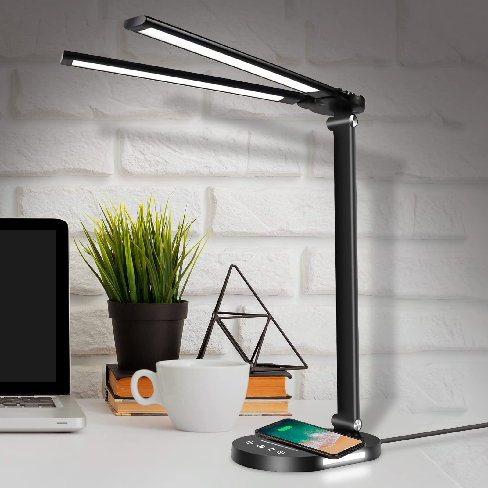 MINDULLE LED Desk Lamp with Wireless Charger - 10W Fast Charging, 5 Brightness Levels & 5 Color Modes, Adjustable Swing Arm, Auto Timer, Eye-Care Light for Home Office, Study, Reading & Night Light Use