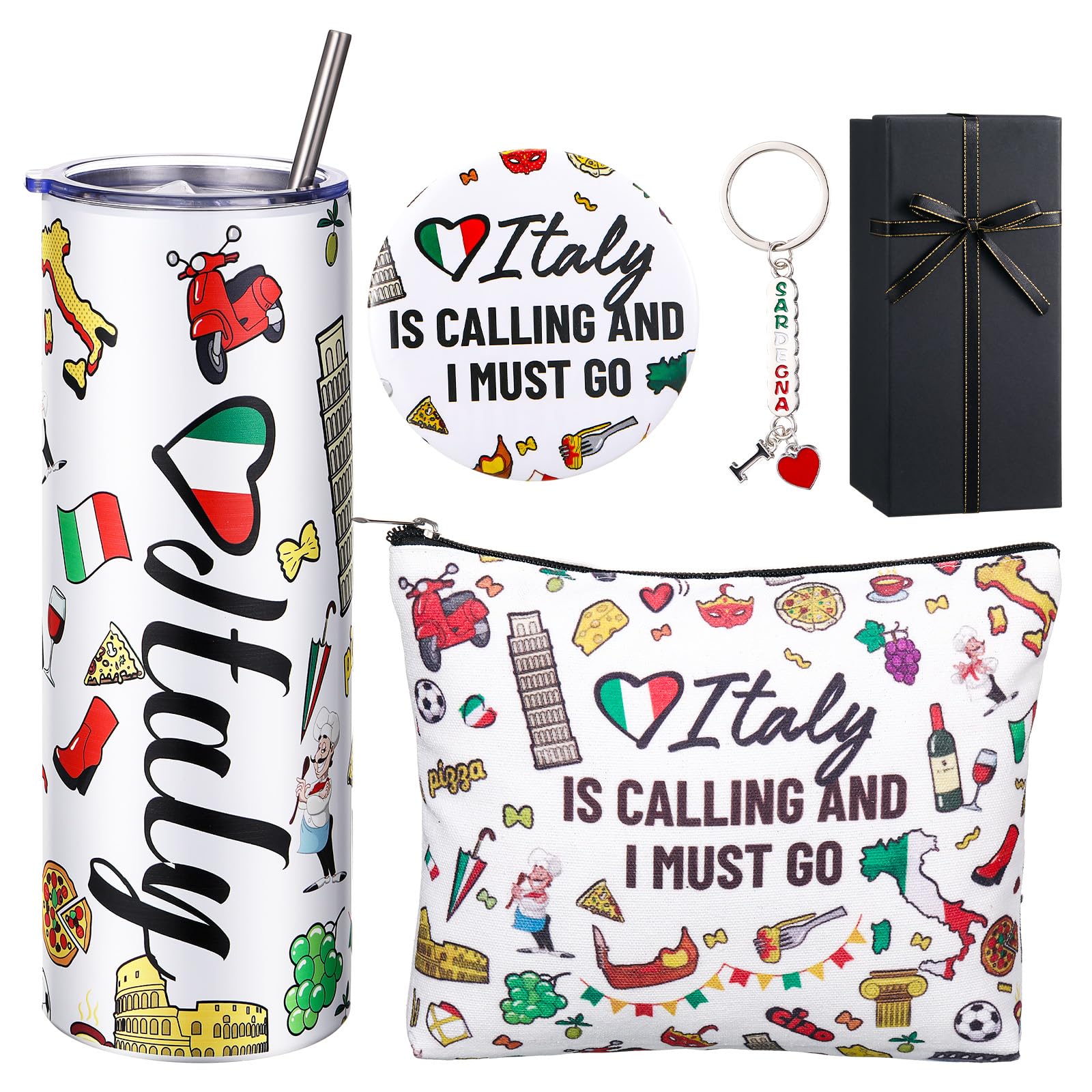 5-Piece Italy Travel Gift Set for Women - Funny Italy-Themed Souvenirs with Cosmetic Bag, Thermal Cup & Keychain - Perfect for Travelers, Birthday, Christmas & Party Gifts | Great for Vacation, Holiday Presents & Italian-Themed Events