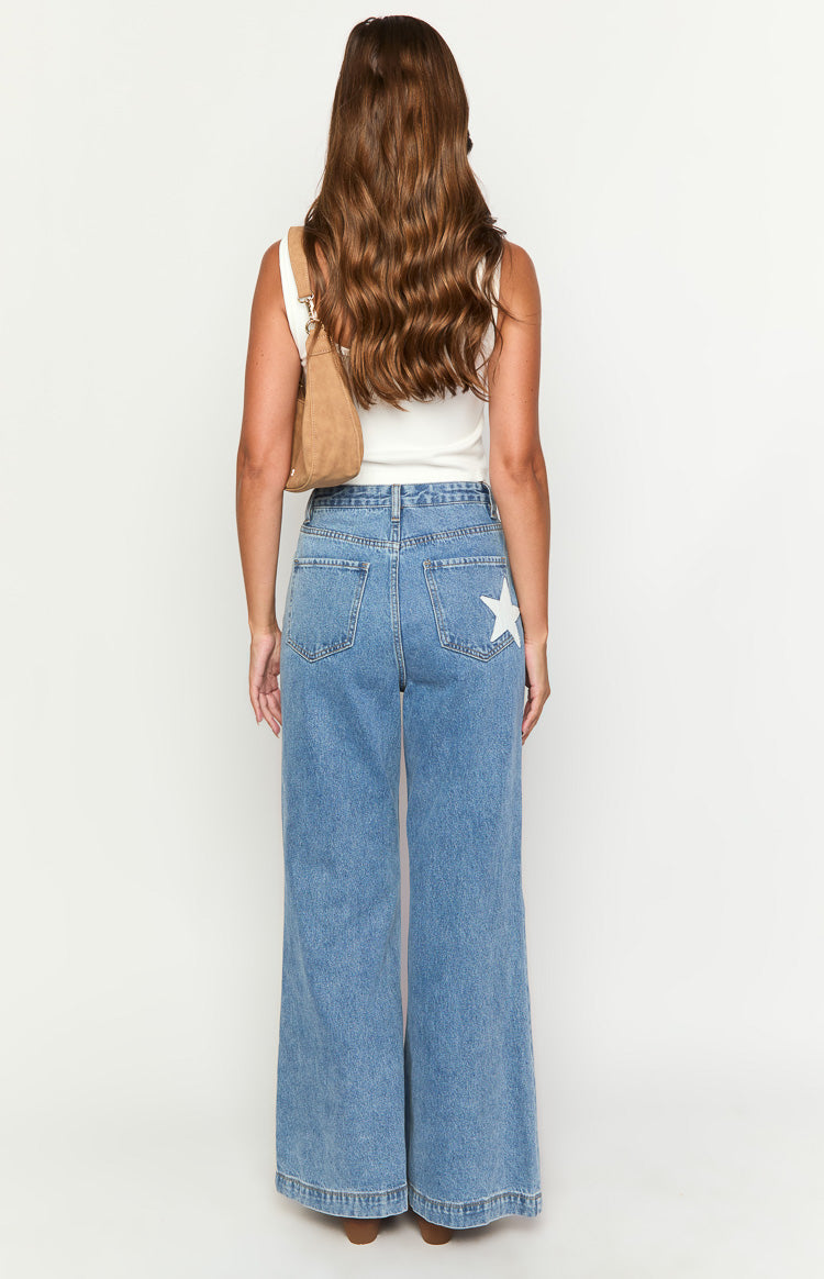 Dandy Mid Wash Denim Flare Jeans for Women - High Waisted Vintage 70s Style Stretch Jeans - Perfect for Casual Outfits, Date Nights & Music Festivals