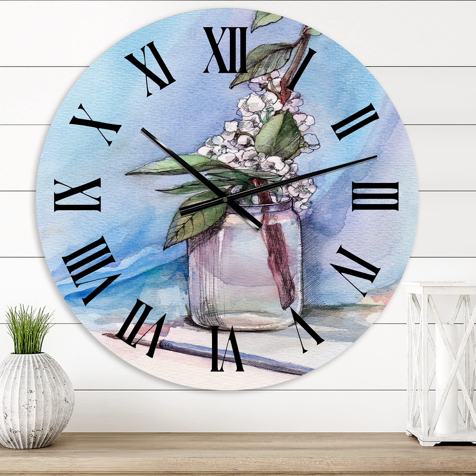 Farmhouse Wall Clock with Cherry Blossom in Glass Jar - Large Floral Botanical Wall Clock for Home Office Decor | Perfect for Living Room, Bedroom & Kitchen Wall Decor