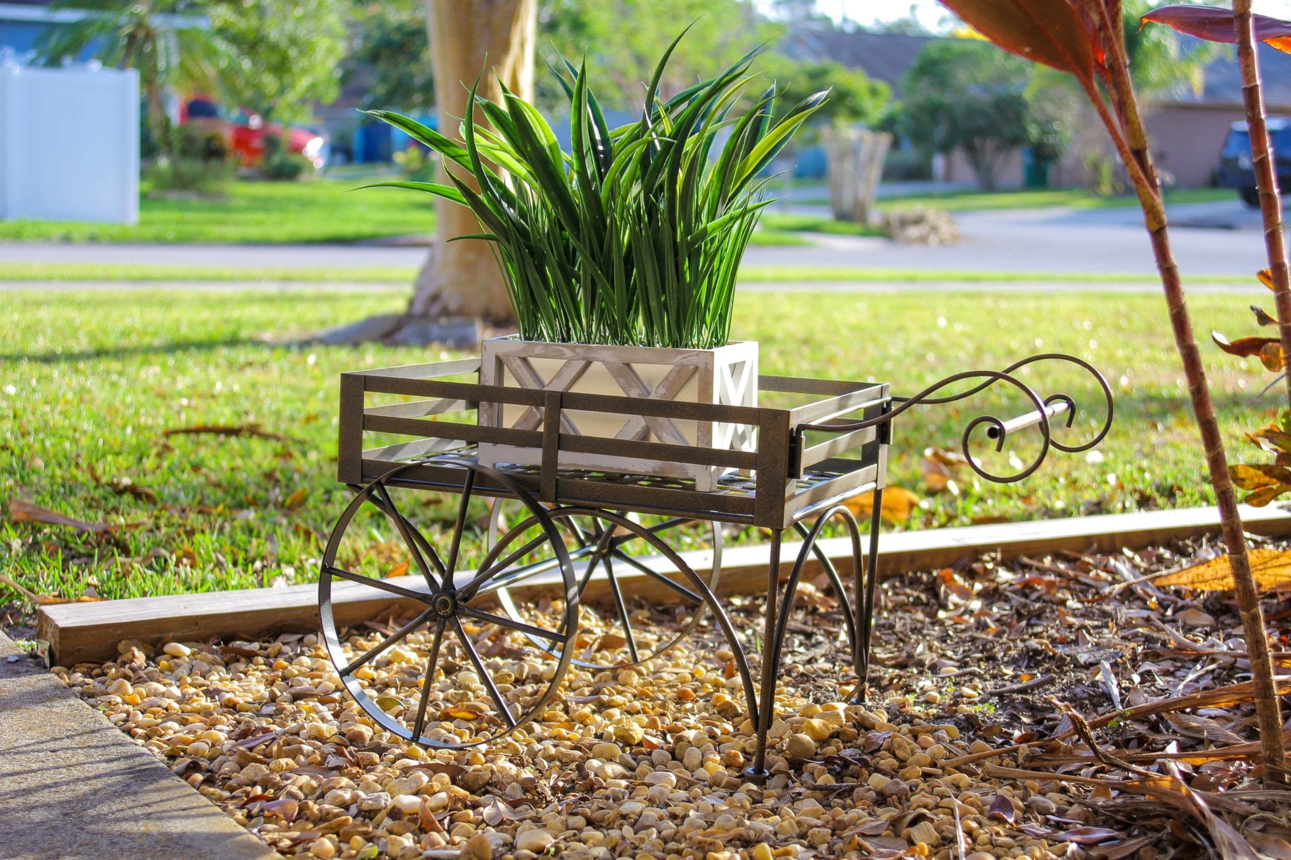 Rustic Brown Metal Wagon Cart Plant Stand - Indoor Outdoor Flower Pot Holder - Garden Decor for Patio, Balcony & Home - Perfect for Succulents, Herbs & Decorative Plants