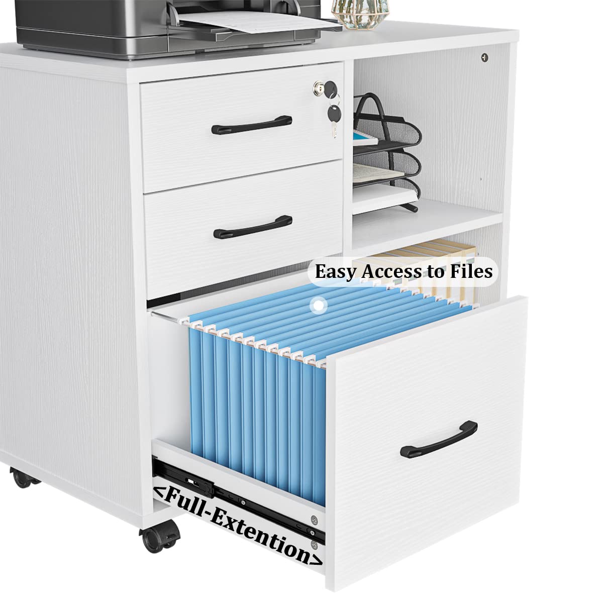 3 Drawer Mobile File Cabinet with Wheels - Rolling Lateral Printer Stand with Open Shelf - White Office Storage Organizer for Home & Workspace - Perfect for Documents, Supplies & Printer Organization