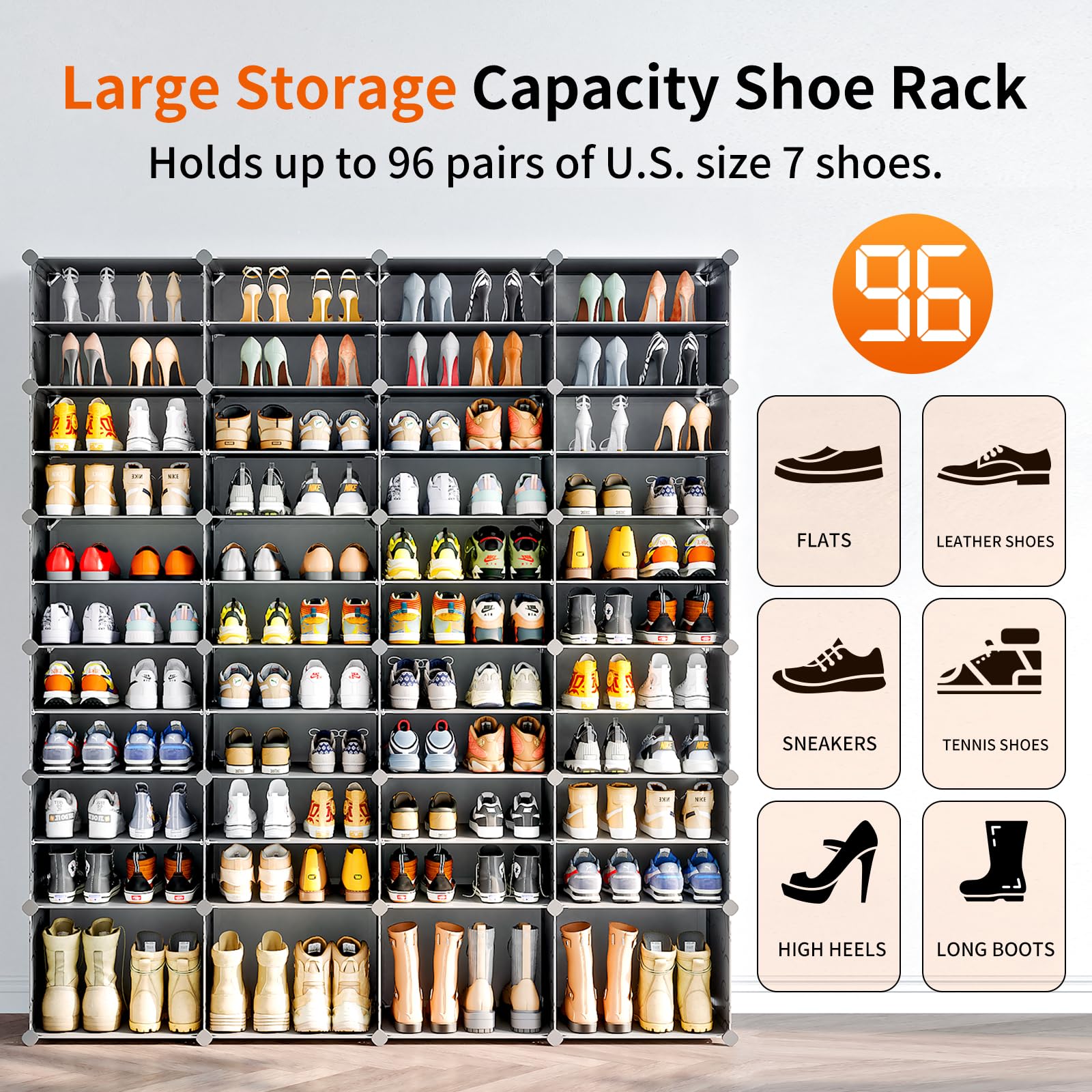 MAGINELS 96-Pairs Shoe Storage Cabinet with Doors - Portable Shoe Rack Organizer, Large DIY Plastic Detachable Shoe Shelves for Entryway, Bedroom, Closet - Black | Space Saving Shoe Storage Solution for Home Organization