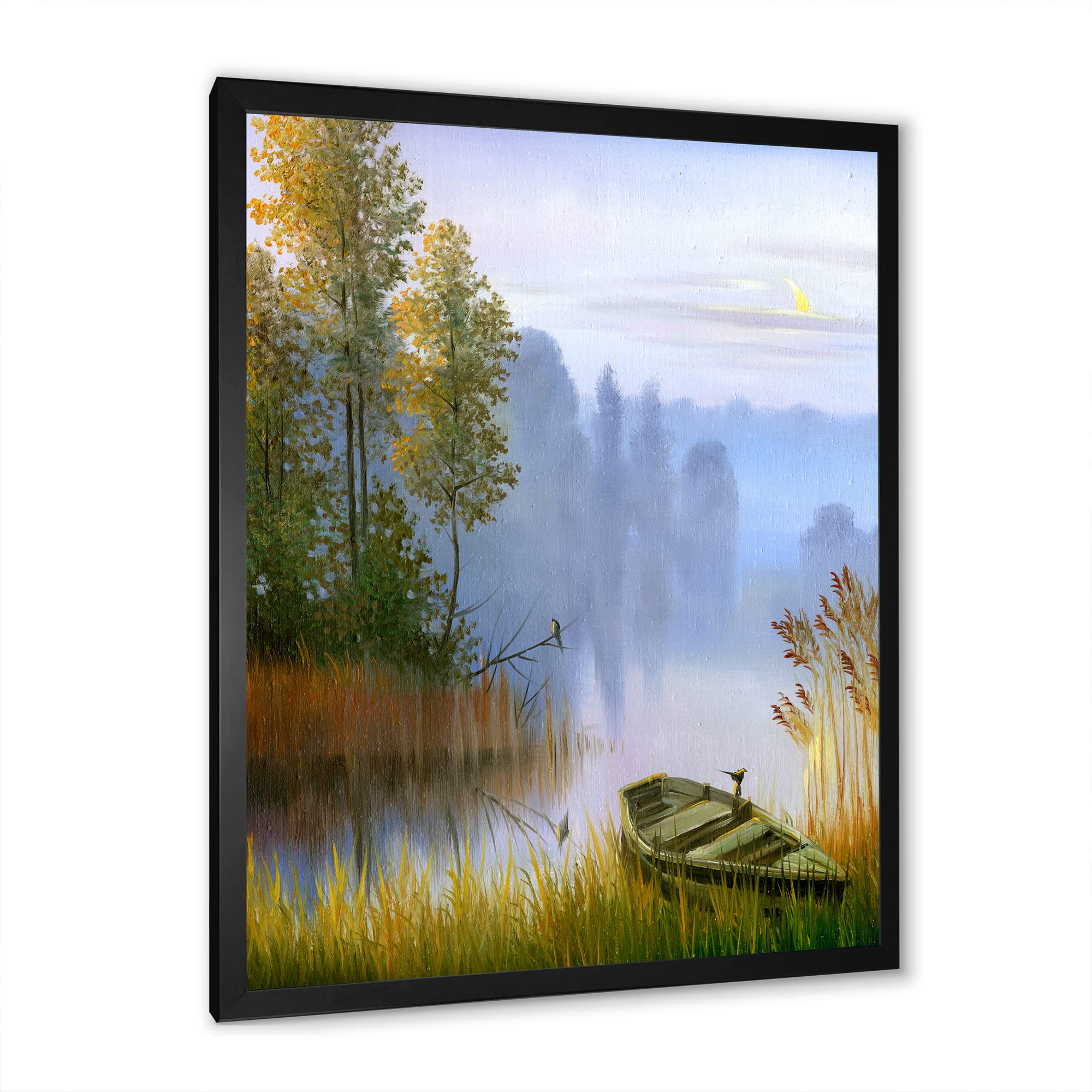 DesignQ Traditional Framed Wall Art - Lakeside Boat Landscape Painting - Perfect for Living Room, Bedroom & Office Decor