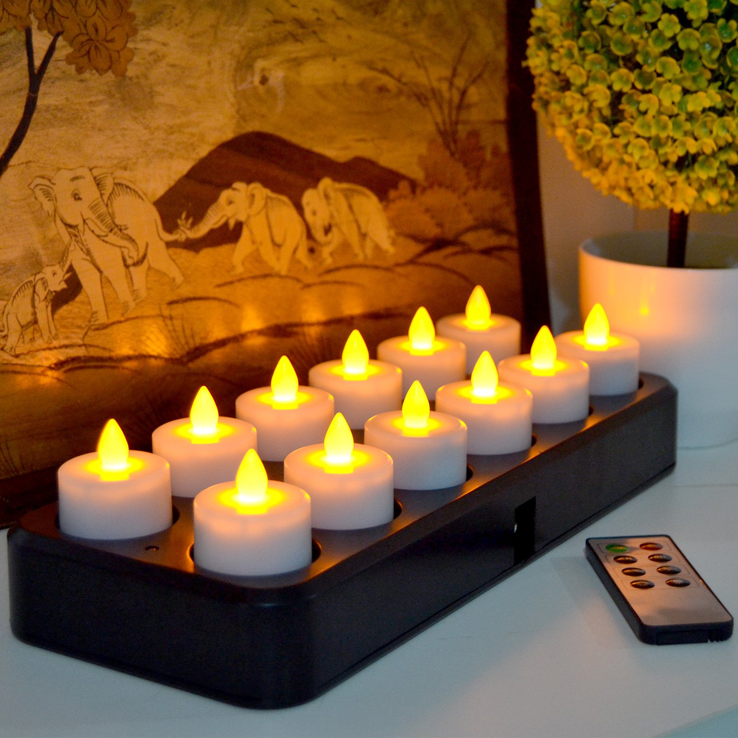 TELOSMA 12-Pack Rechargeable LED Tealight Candles with Timer & Remote - Flameless Battery-Operated Amber Yellow Lights for Home Decor, Weddings, Parties, and Romantic Ambiance