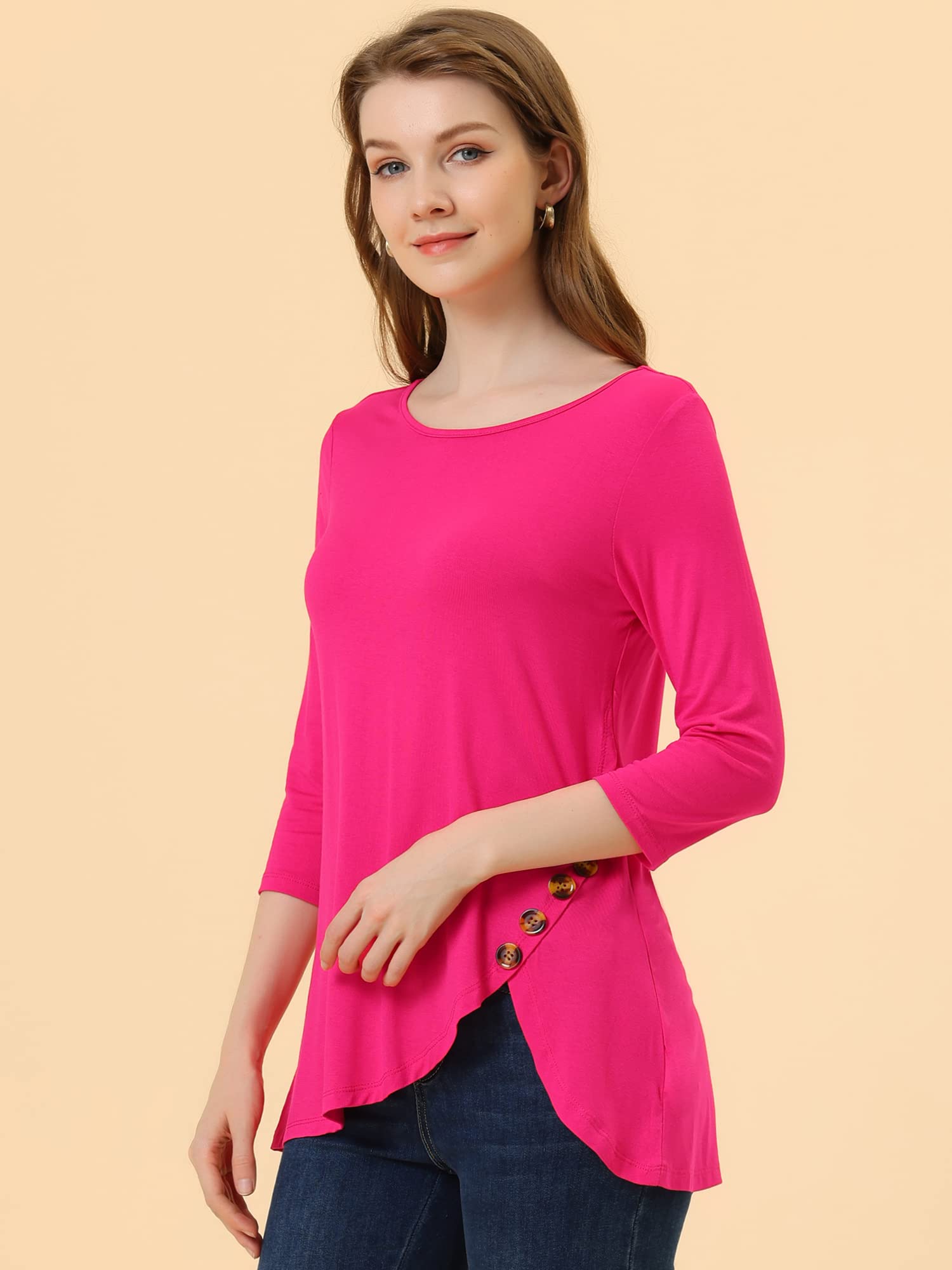Allegra K Women's Loose Fit Asymmetrical Hem Tunic T-Shirt | 3/4 Sleeve Round Neck Casual Top | Spring 2025 Fashion | Perfect for Work, Weekend & Layering