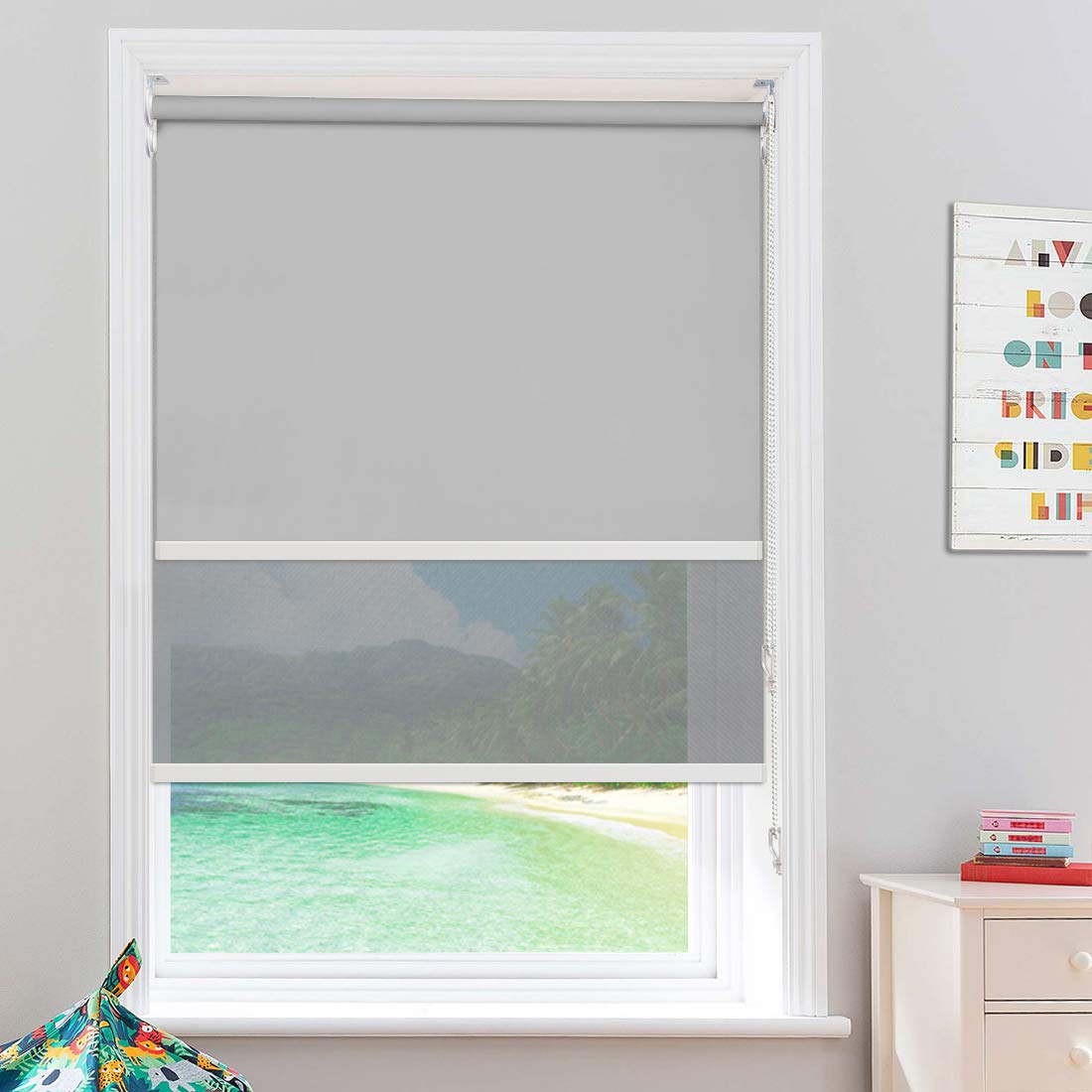 Keego Blackout Roller Shades for Windows - Dual Roller Blinds with 100% Blackout & 50% Light Filtering Options (Gray, 48