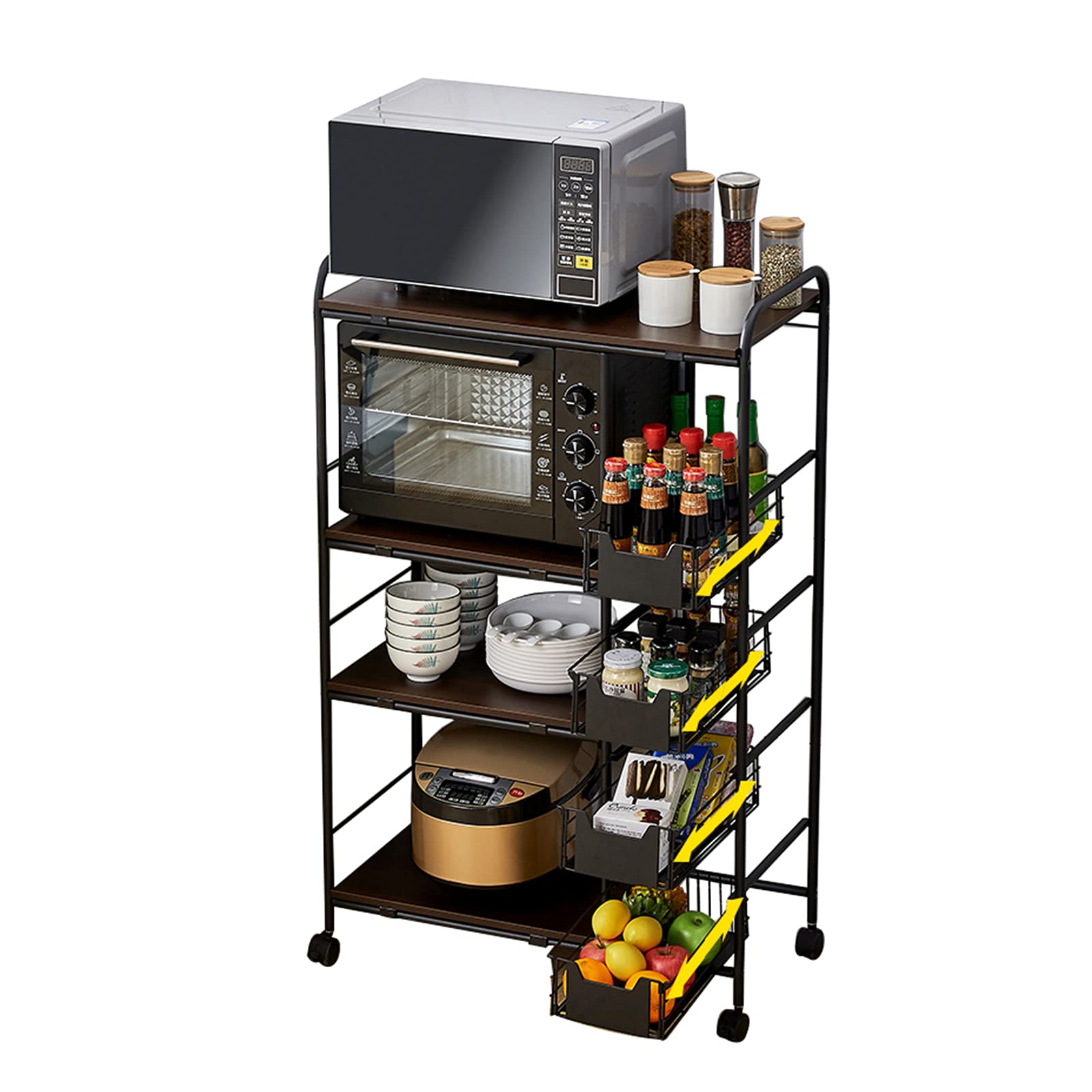 FMOGGE 4-Tier Heavy Duty Kitchen Utility Cart with Wheels - Rolling Storage Organizer for Spices, Pots, Pans & Cooking Essentials - Push-Pull Drawer Design (4-Tier, Black) - Perfect for Small Kitchens, Pantry Organization & Mobile Cooking Stations