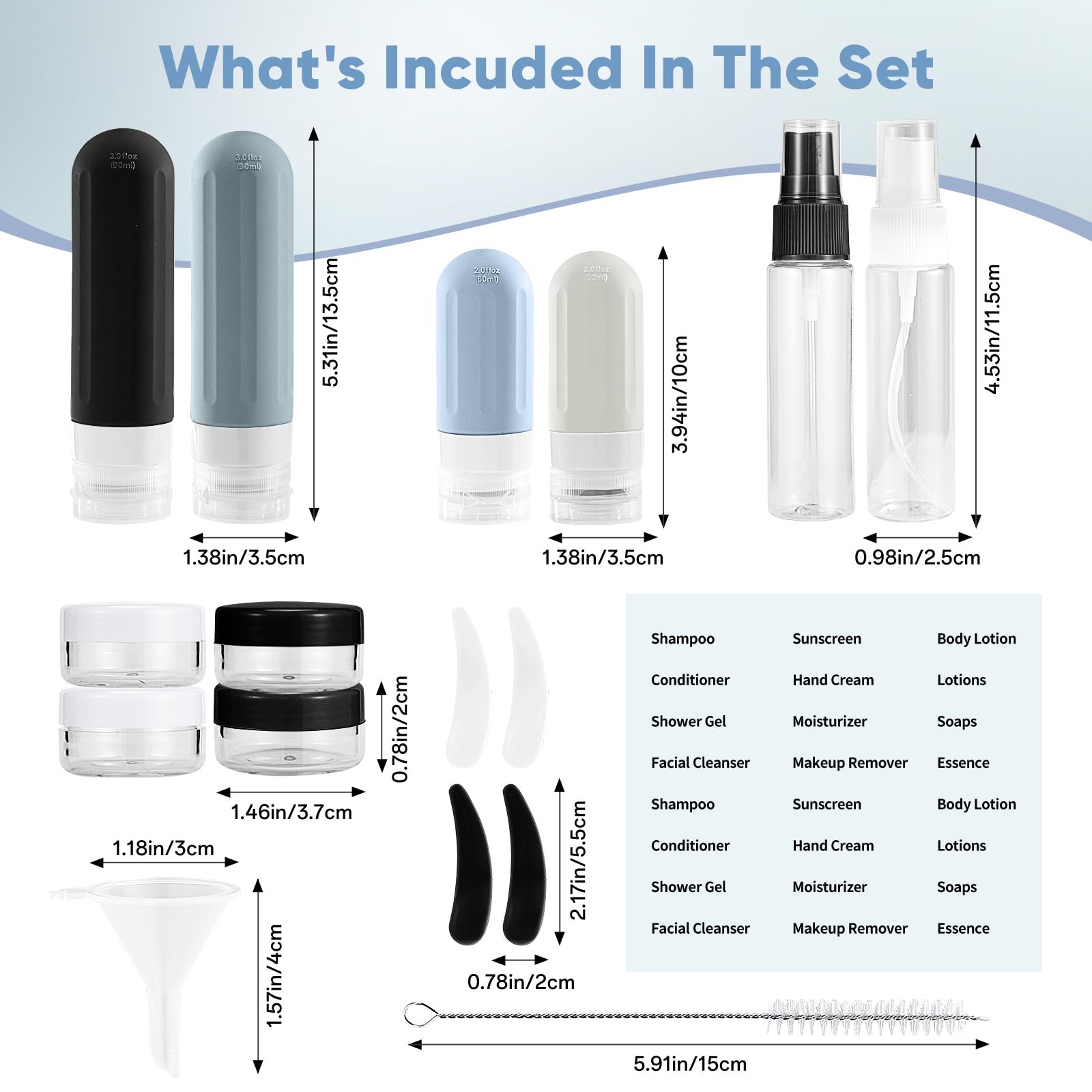 Landisun 18-Pack Travel Size Toiletries Bottles - Leak Proof Black Containers for Shampoo, Lotion & Cosmetics - Perfect for Airplane Carry-On, Gym & Vacation Essentials