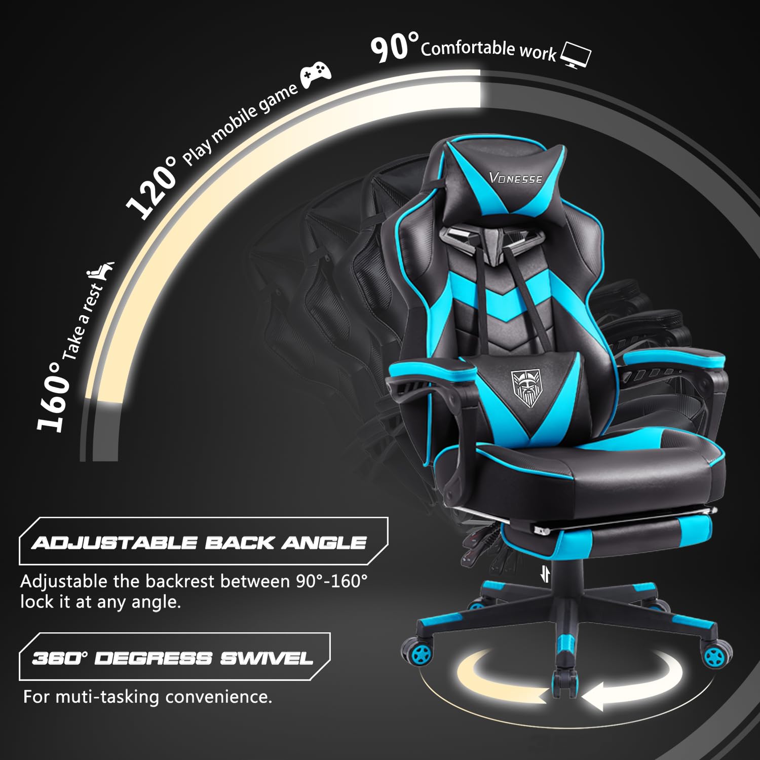 Vonesse Ergonomic Gaming Chair with Adjustable Footrest - Big & Tall Computer Chair for Adults - High Back Reclining Office Chair with Lumbar Massage - Cyan/Black - Perfect for Esports, Streaming & Home Office