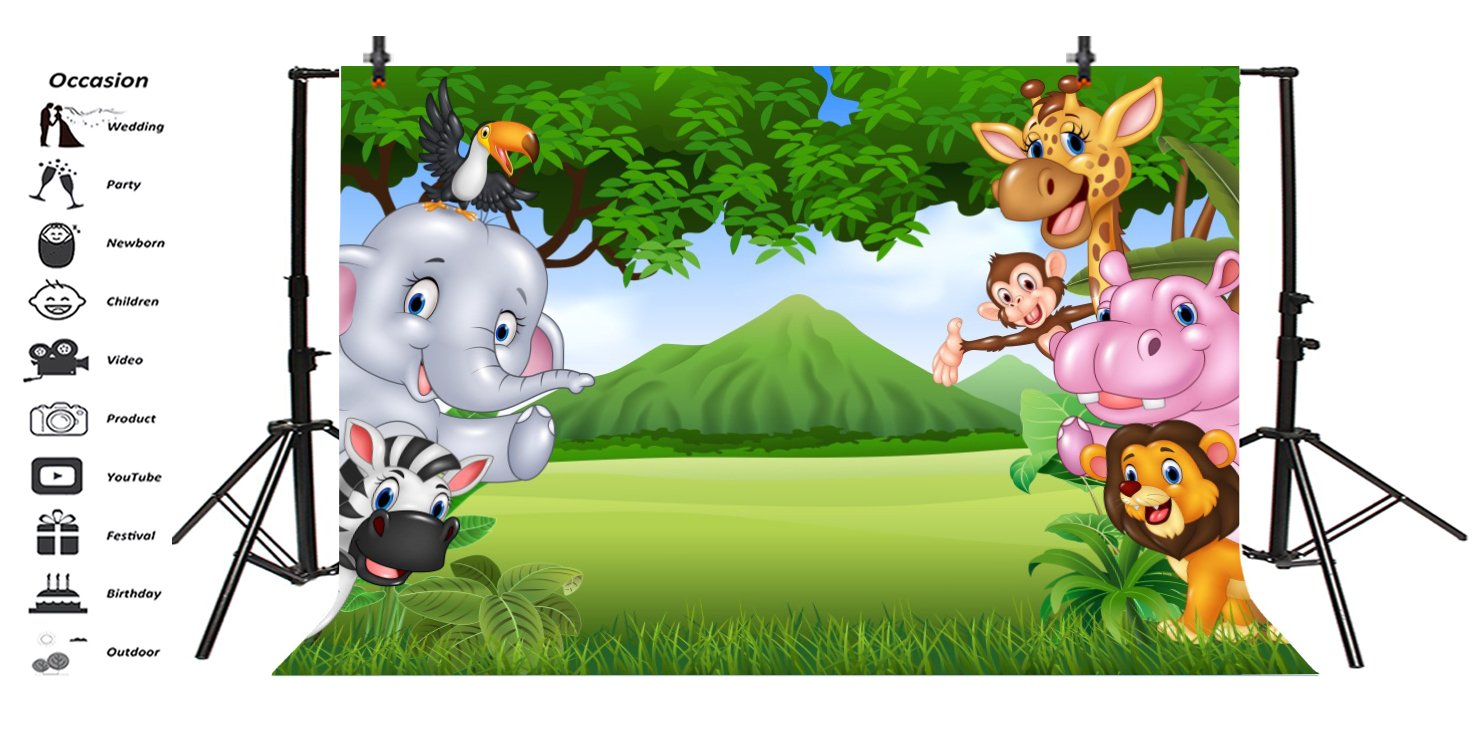 Leyiyi 10x8ft Cartoon Jungle Zoo Photography Backdrop - Elephant Lion Dragon Monkey Grassland Mountain Design for Birthday Party, Baby Shower, Photo Studio & Portrait Background (Vinyl Wallpaper Video Prop) - Perfect for Kids Room Decor, Themed Events & Social Media Content Creation