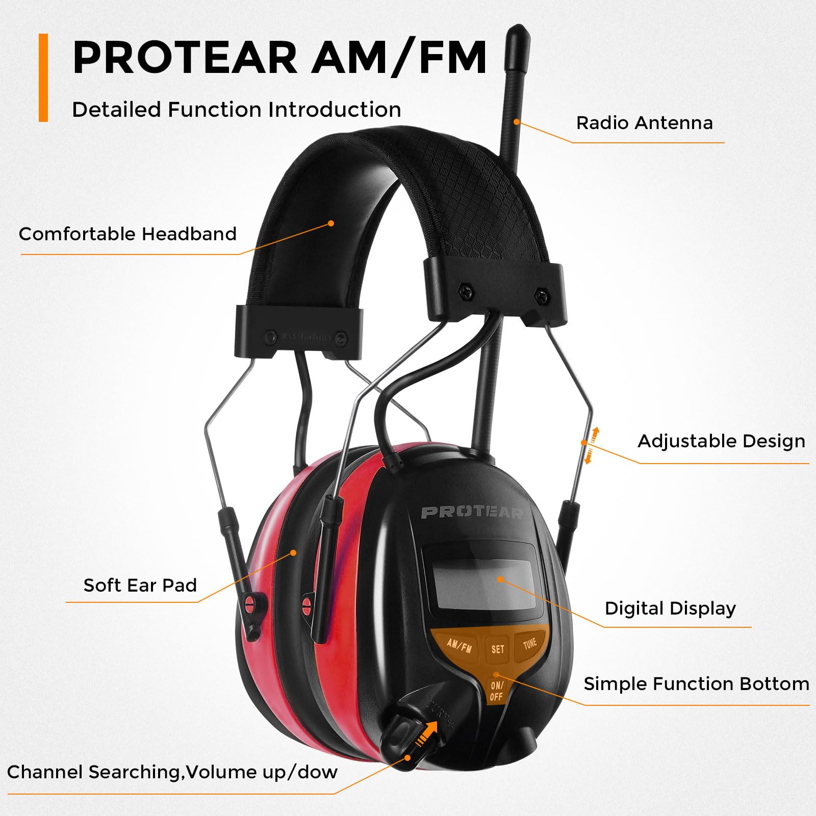 Noise Cancelling AM/FM Radio Headphones with 25dB NRR - Digital Display Safety Earmuffs for Hearing Protection - AA Battery Powered - Ideal for Lawn Mowing, Construction Work & Outdoor Activities (Red)
