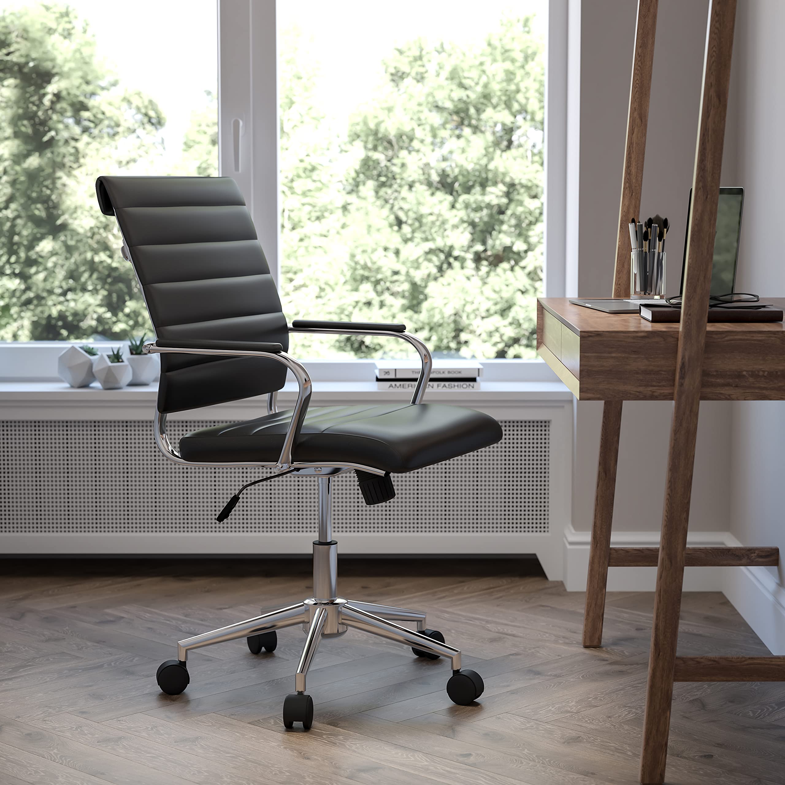 Premium Mid-Back Black LeatherSoft Executive Office Chair with Ribbed Design & 360° Swivel - Ergonomic Desk Chair for Home Office, Conference Room & Workspace