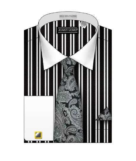 Avanti Uomo Double Striped White Collar Dress Shirt DS3823P2 Black - Premium Men's Business & Formal Wear for Office, Meetings & Special Occasions