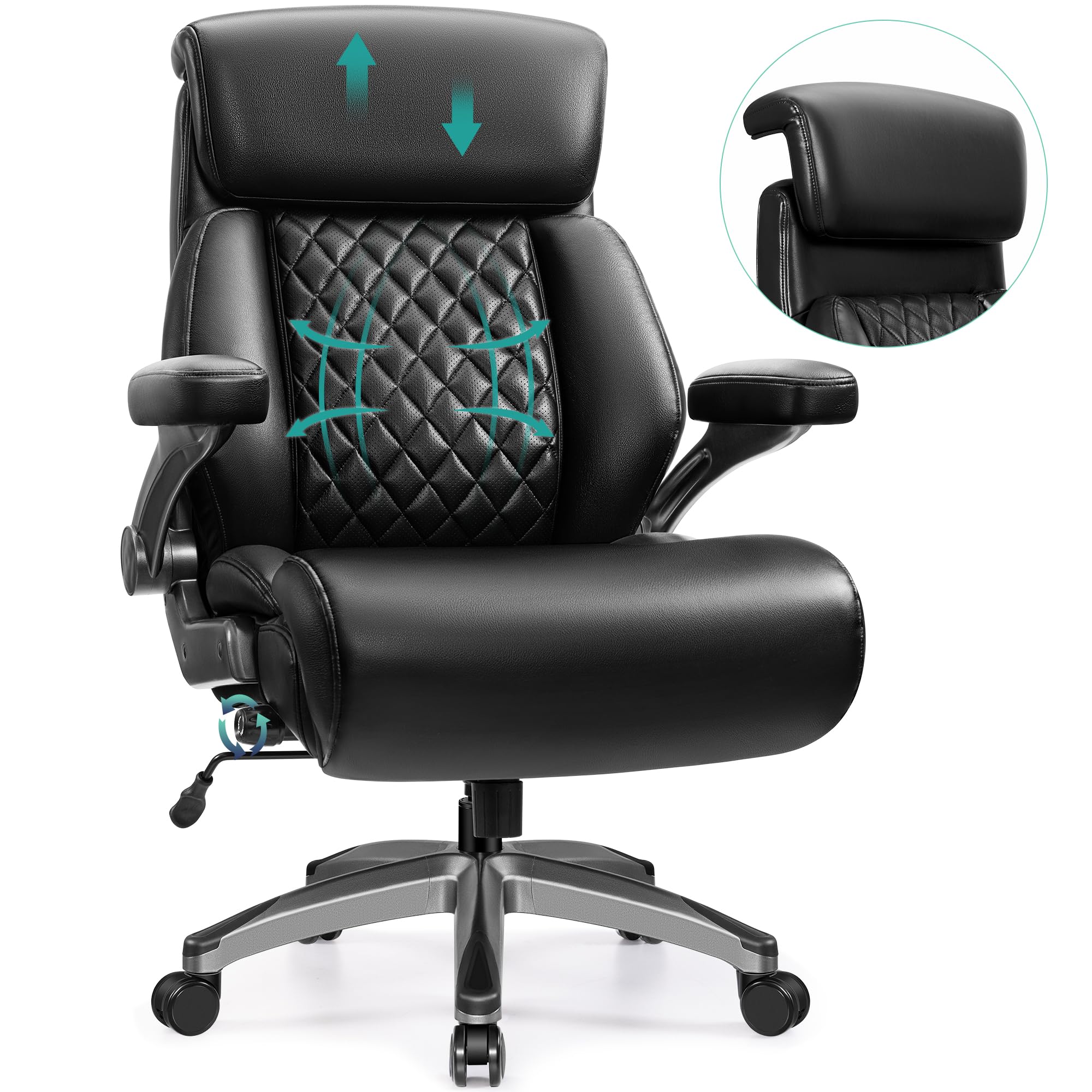 Premium 500lbs Executive Office Chair - Heavy Duty Big & Tall Desk Chair for Large People - Adjustable Lumbar Support & Armrests - Thick PU Leather Gaming Chair - Ideal for Home Office & Professional Workspaces