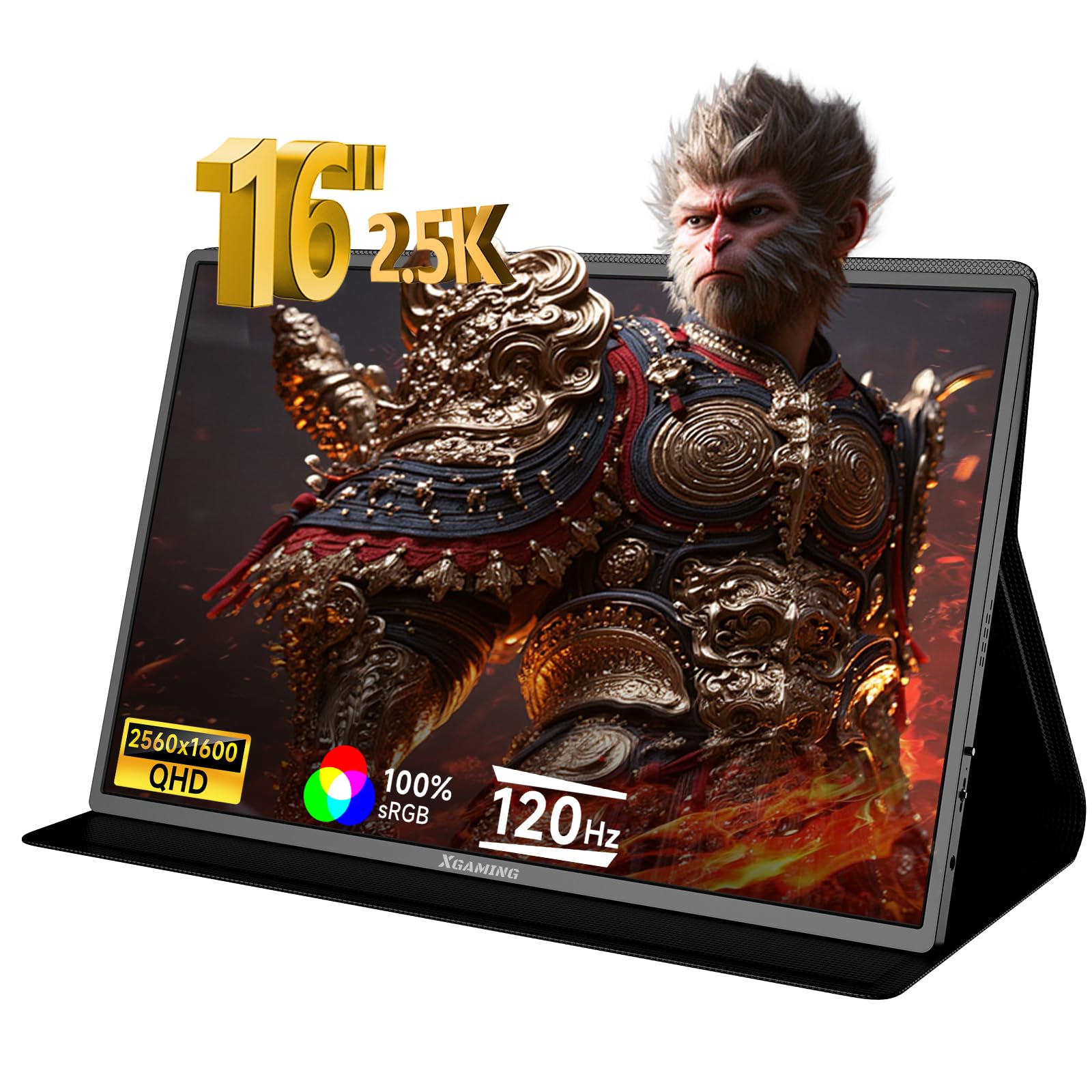 Portable 16 Inch 2.5K QHD Monitor - 2560x1600 Resolution, 120Hz IPS Display, 16:10 Ultra Wide Screen with Dual Speakers - HDMI & USB-C Compatible for Laptop, Mac, Phone, Tablet, PS4, PS5, Switch, Xbox - VESA Mountable | Perfect for Gaming, Work & Entertainment