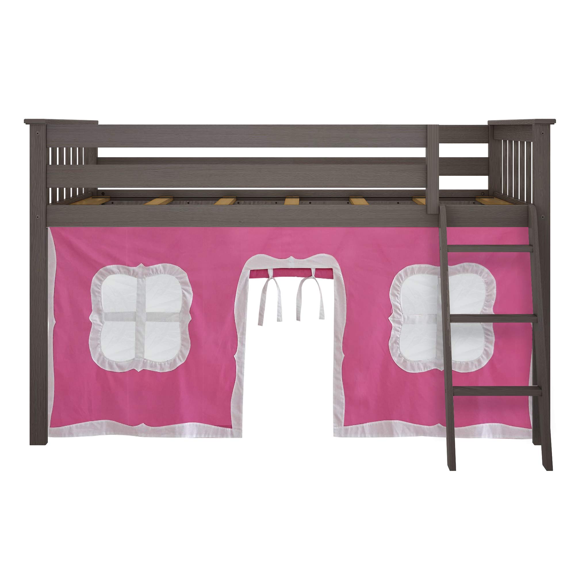Max & Lily Low Loft Twin Bed Frame for Kids with Play Curtains - Clay & Pink Color - Perfect for Small Bedrooms, Playrooms & Sleepovers